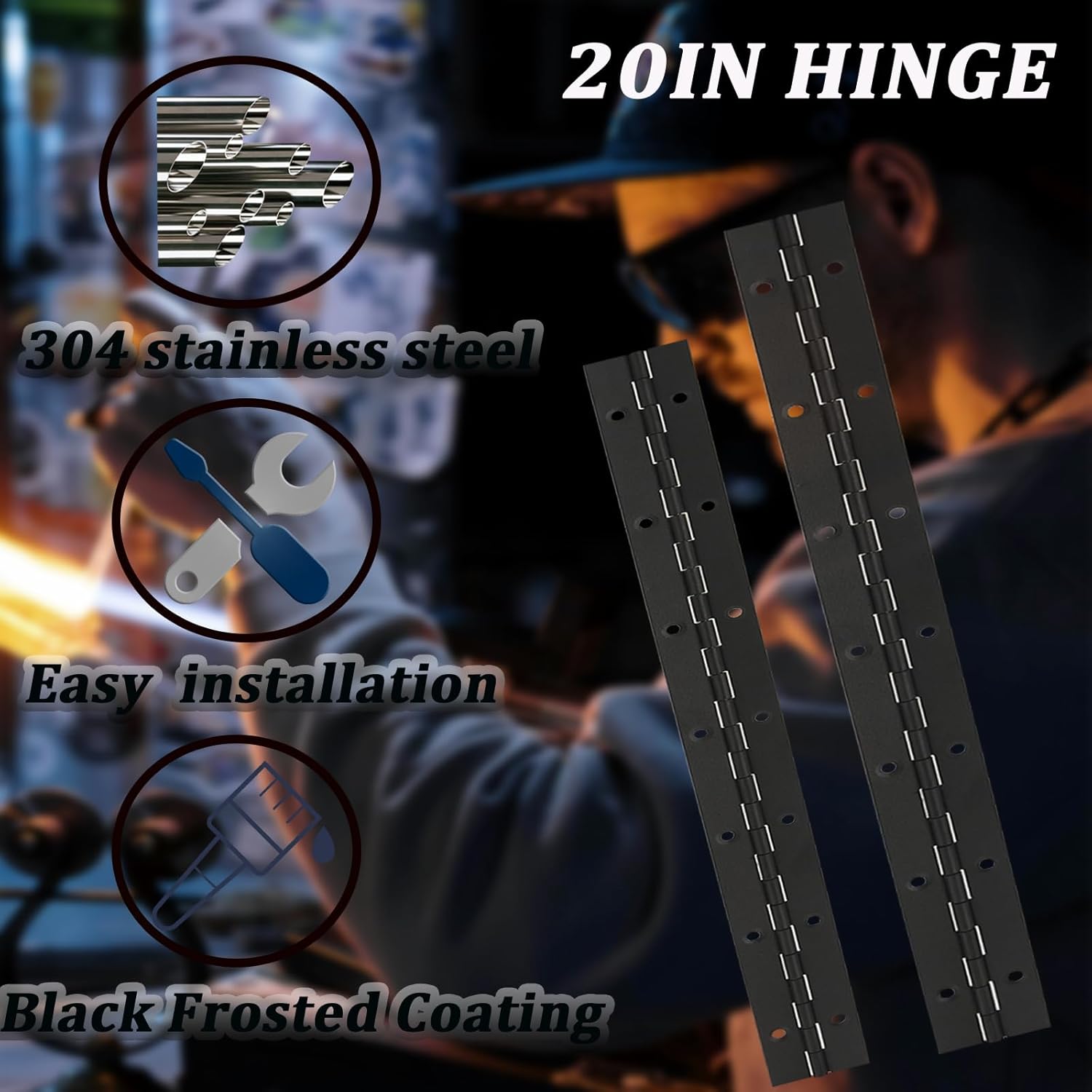 6 Pack 20" Heavy Duty Piano Hinge for Cabinets, Boats, Marine Doors - 304 Stainless Steel, 0.04" Leaf Thickness, 1.2" Open Width - Black Color