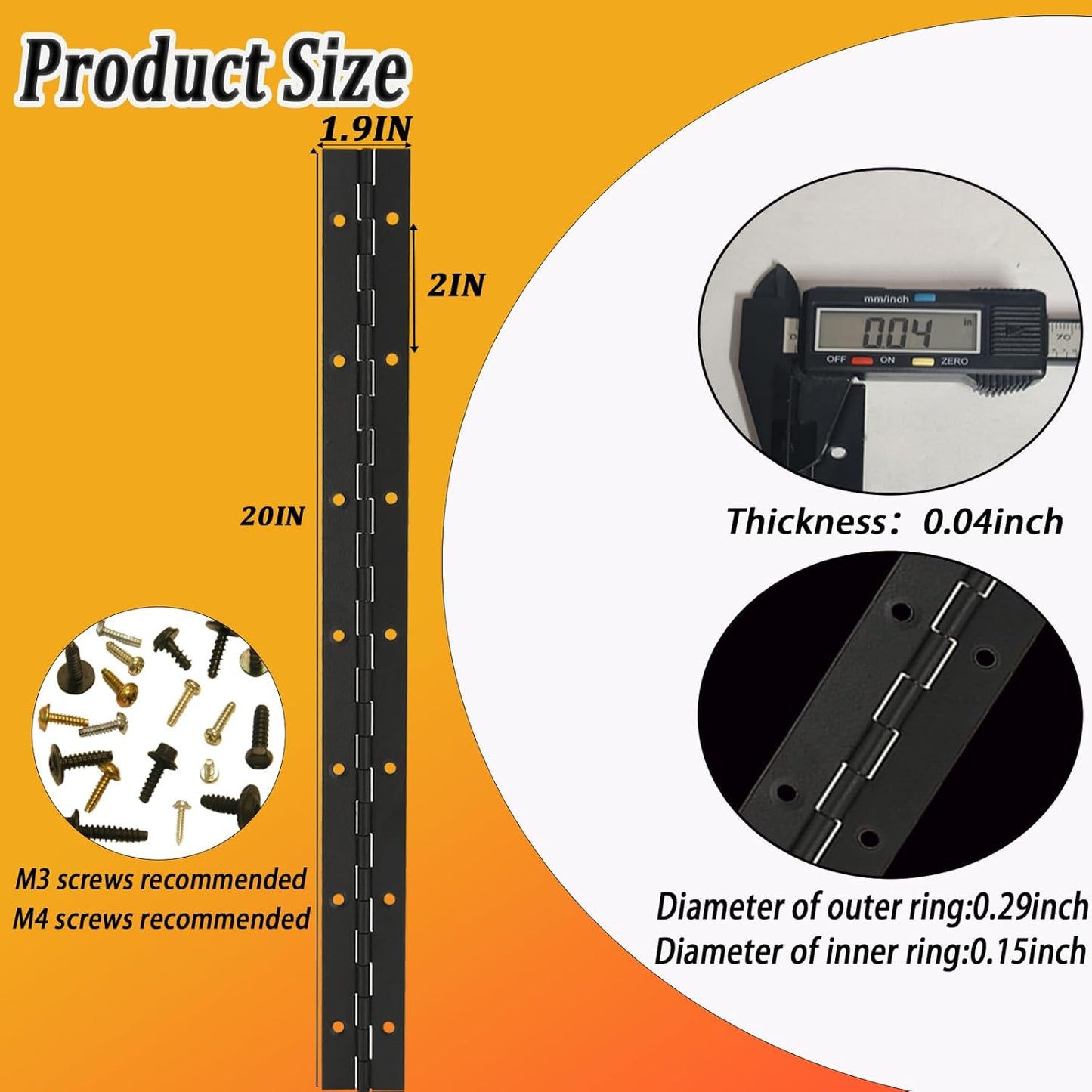 6 Pack 20" Heavy Duty Piano Hinge for Cabinets, Boats, Marine Doors - 304 Stainless Steel, 0.04" Leaf Thickness, 1.2" Open Width - Black Color