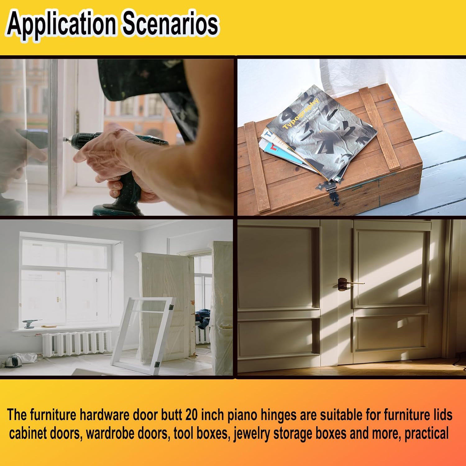 6 Pack 20" Heavy Duty Piano Hinge for Cabinets, Boats, Marine Doors - 304 Stainless Steel, 0.04" Leaf Thickness, 1.2" Open Width - Black Color