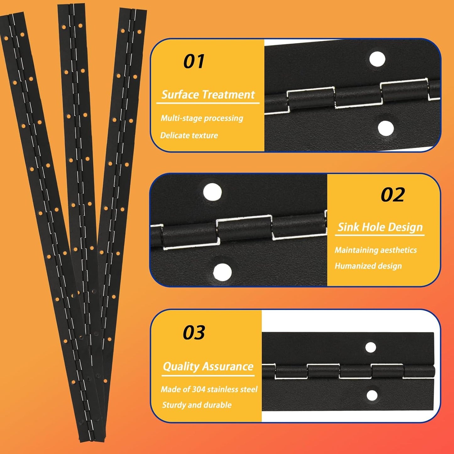 6 Pack 20" Heavy Duty Piano Hinge for Cabinets, Boats, Marine Doors - 304 Stainless Steel, 0.04" Leaf Thickness, 1.2" Open Width - Black Color