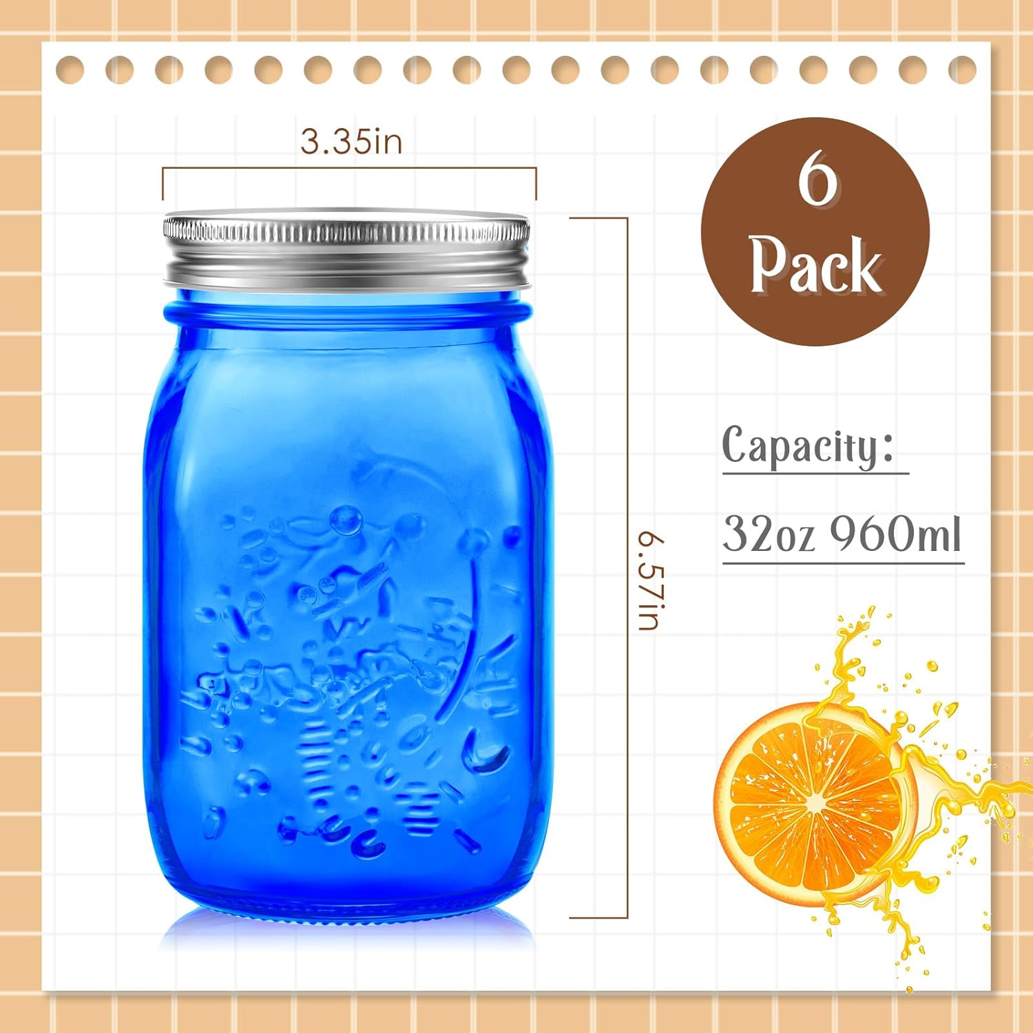 6-Pack 32 oz Wide Mouth Mason Jars with Lids for Storage, Canning, Fermenting, Pickling, and DIY Crafts - Dark Blue Glass Containers