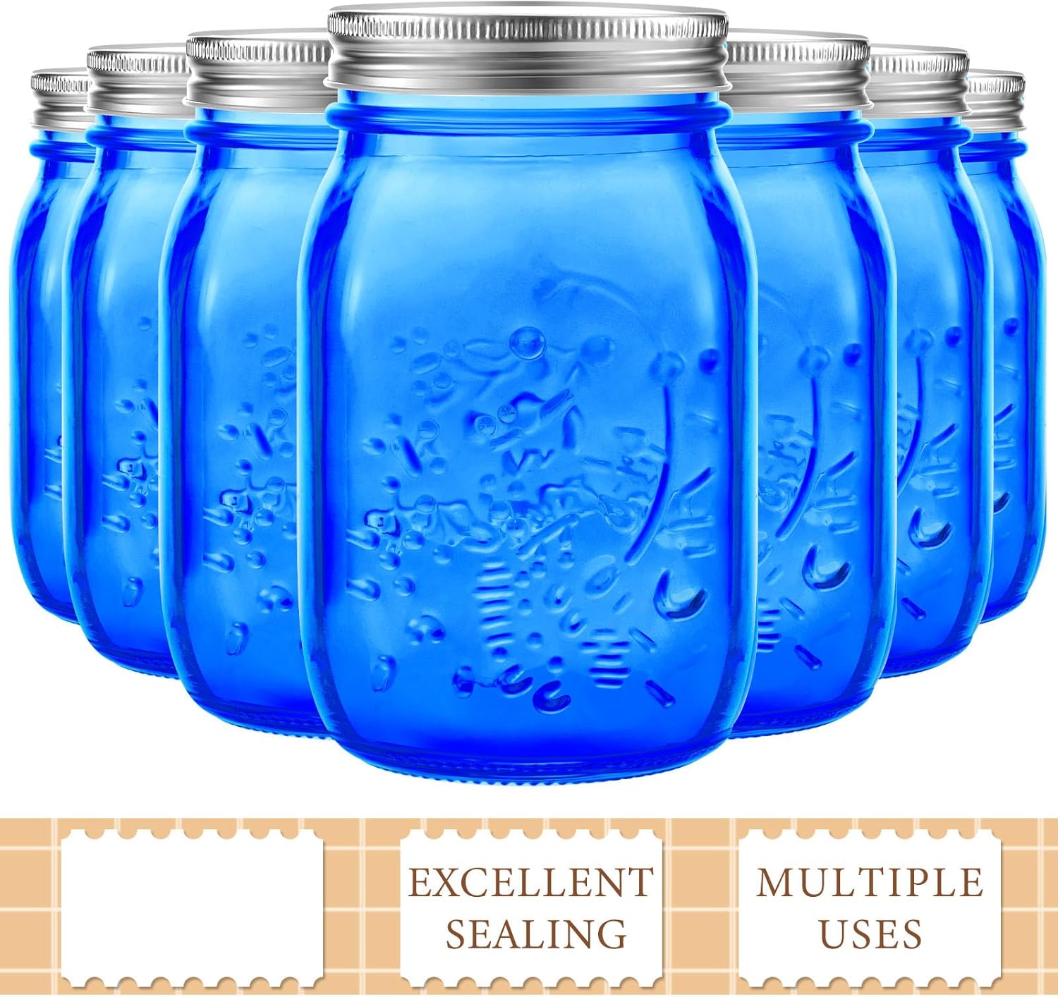 6-Pack 32 oz Wide Mouth Mason Jars with Lids for Storage, Canning, Fermenting, Pickling, and DIY Crafts - Dark Blue Glass Containers