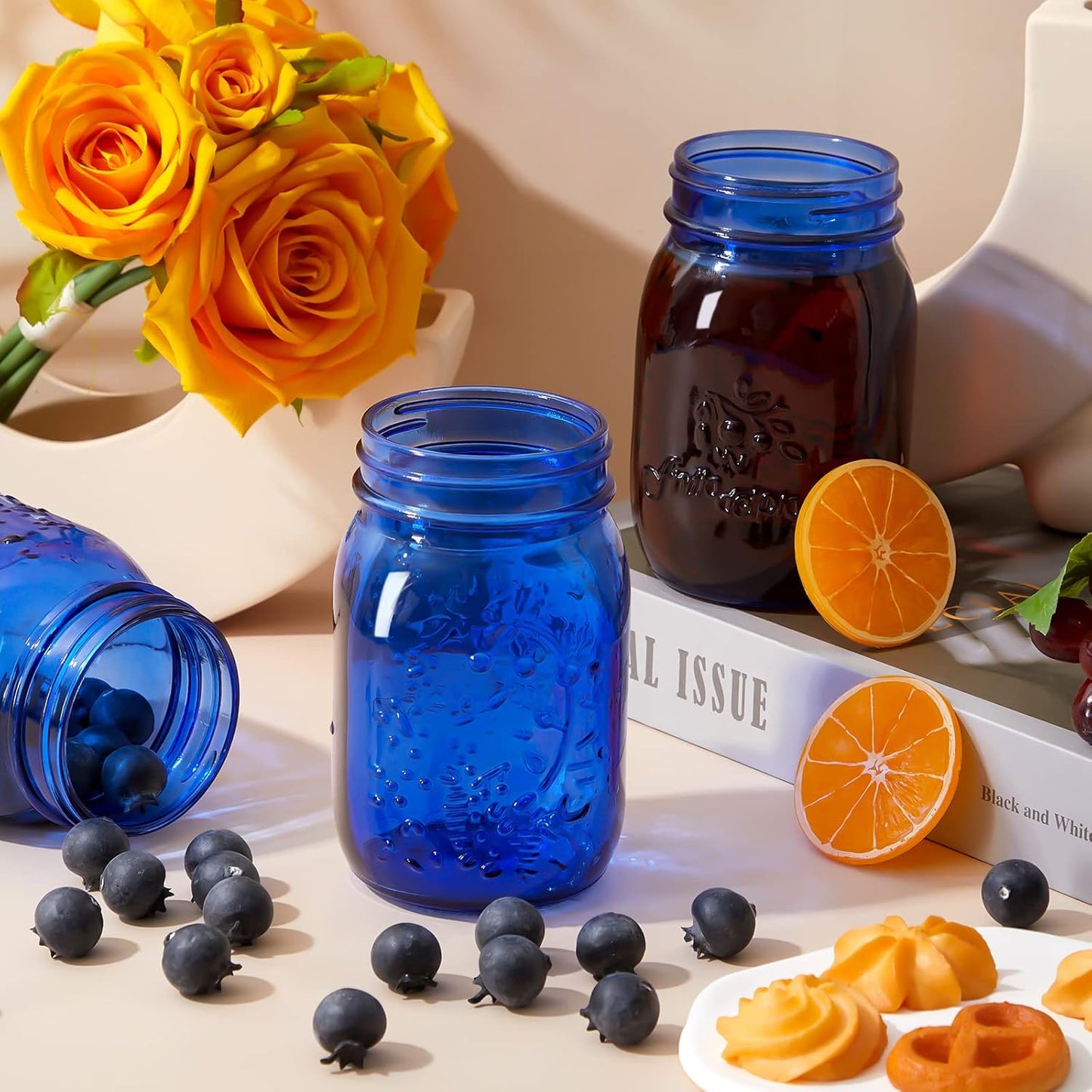 6-Pack 32 oz Wide Mouth Mason Jars with Lids for Storage, Canning, Fermenting, Pickling, and DIY Crafts - Dark Blue Glass Containers