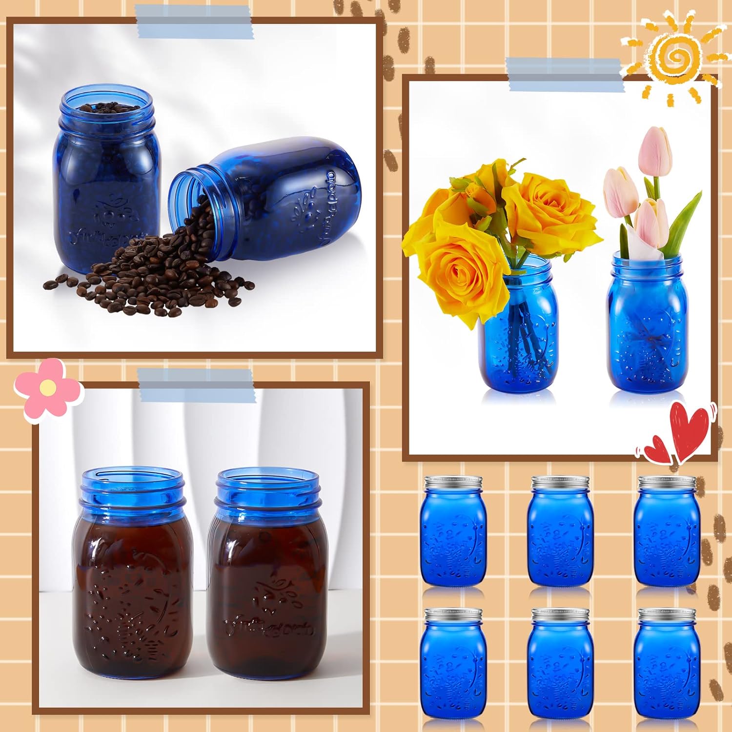 6-Pack 32 oz Wide Mouth Mason Jars with Lids for Storage, Canning, Fermenting, Pickling, and DIY Crafts - Dark Blue Glass Containers