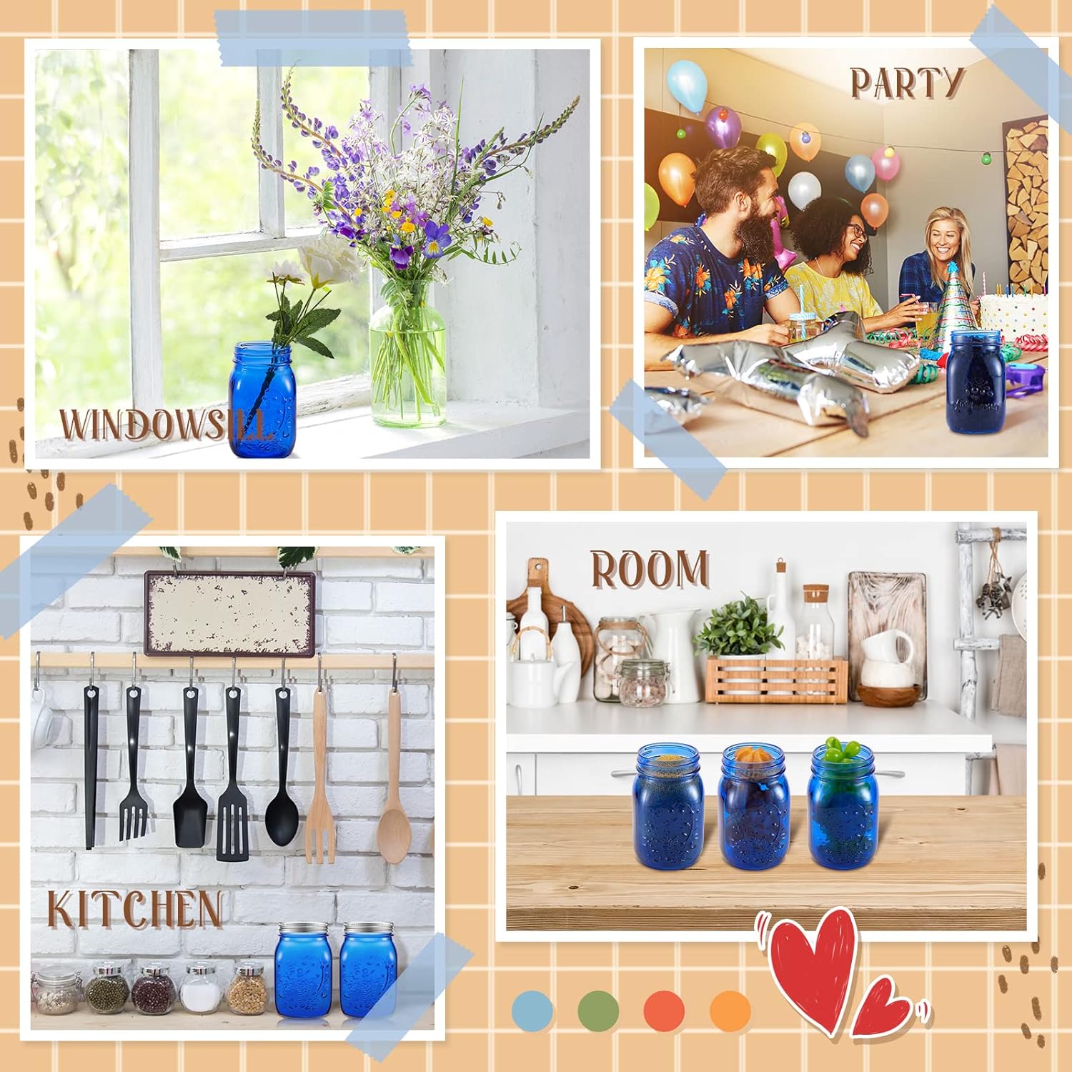 6-Pack 32 oz Wide Mouth Mason Jars with Lids for Storage, Canning, Fermenting, Pickling, and DIY Crafts - Dark Blue Glass Containers