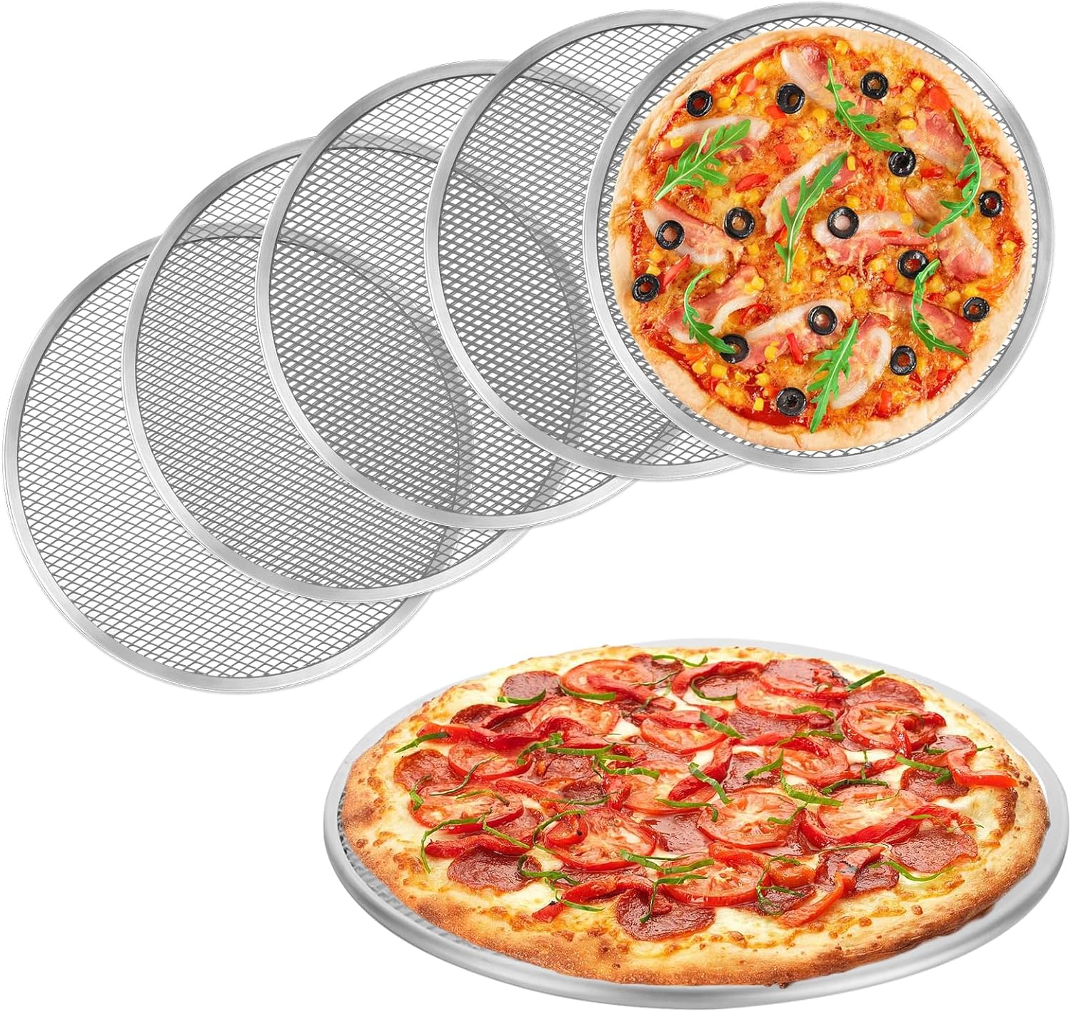 6 Pack 8 Inch ABuff Pizza Screens - Seamless Aluminum Pan with Holes for Oven, Kitchen, BBQ - Non Stick Commercial Grade Baking Trays