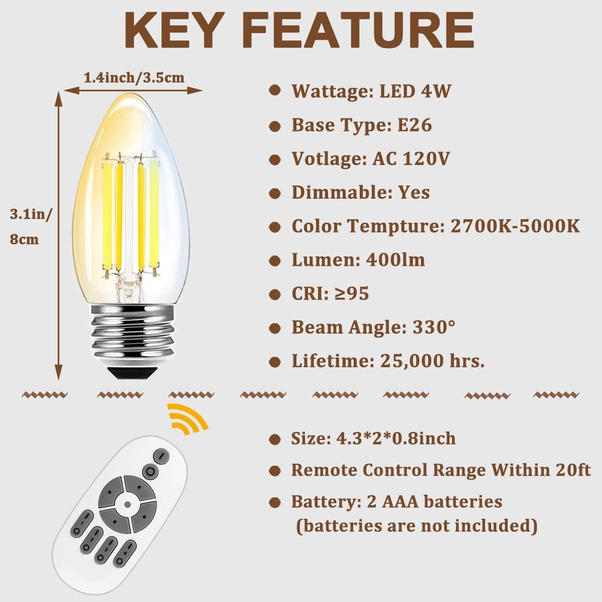 6-Pack Acidea Smart LED Chandelier Bulbs - Dimmable C35 Filament Bulb with Remote Control - 40W Equivalent E26 Base - Adjustable Brightness & Color Temp - 95+ CRI