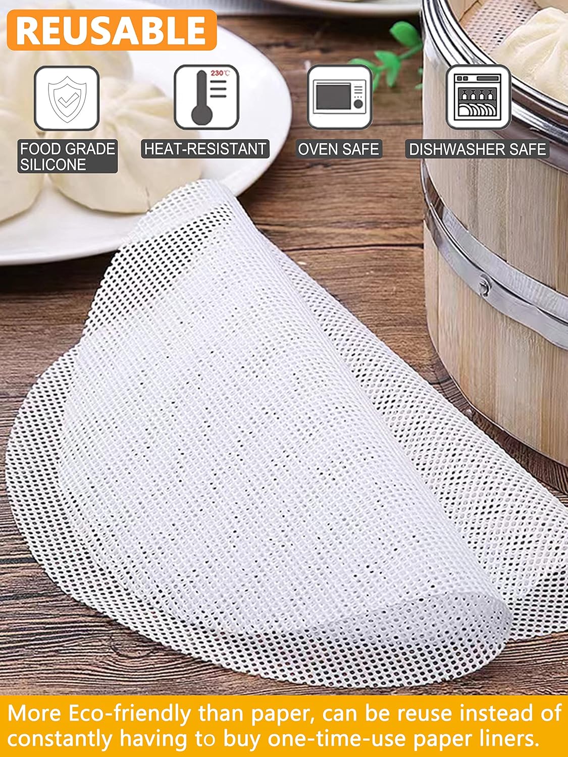6 Pack Bamboo Steamer Liners, 12.6" Non-Stick Silicone Mesh, Reusable Round Dumpling Pad