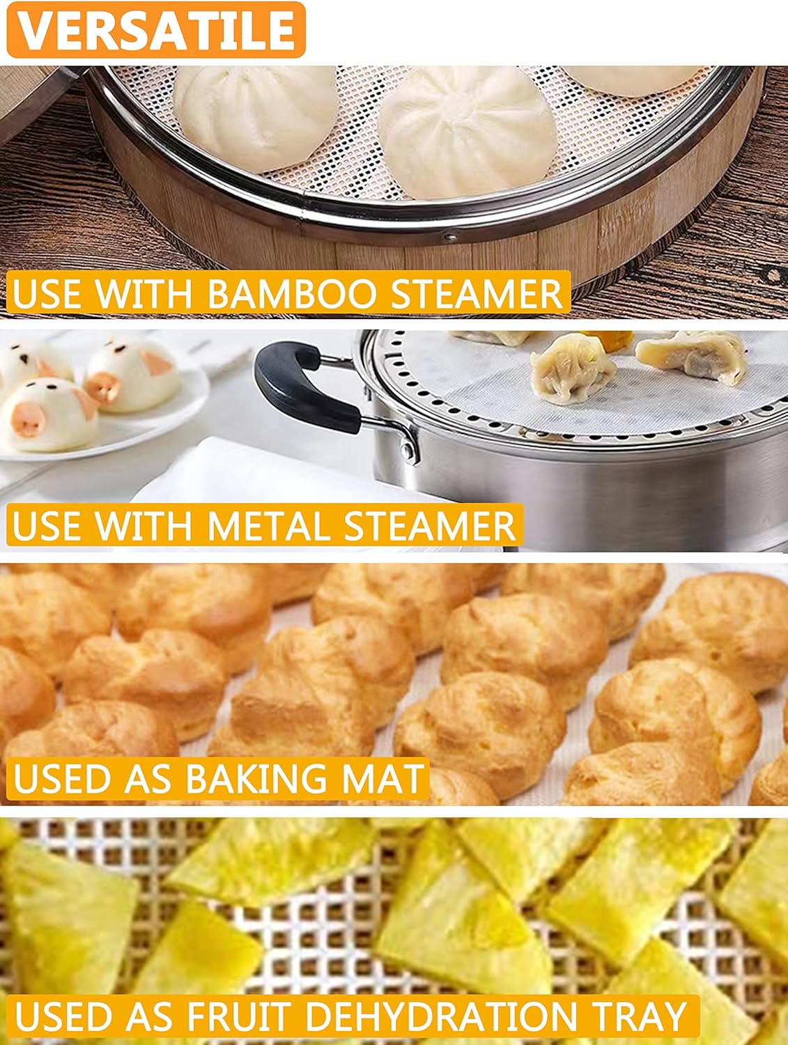 6 Pack Bamboo Steamer Liners, 12.6" Non-Stick Silicone Mesh, Reusable Round Dumpling Pad
