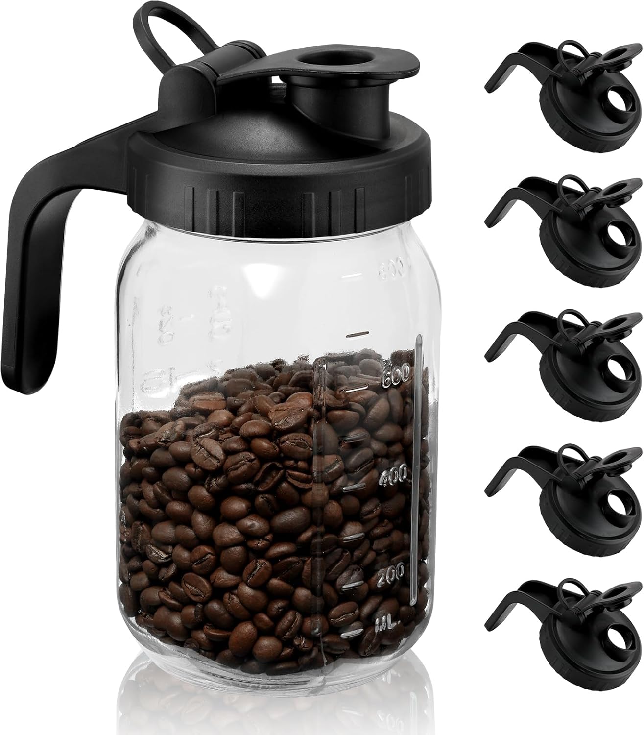 6 Pack Black Wide Mouth Mason Jar Lids with Handle - Plastic Pour Spout & Flip Cap, Leak-proof Airtight Seal - Reusable Canning Lids