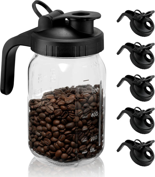6 Pack Black Wide Mouth Mason Jar Lids with Handle - Plastic Pour Spout & Flip Cap, Leak-proof Airtight Seal - Reusable Canning Lids