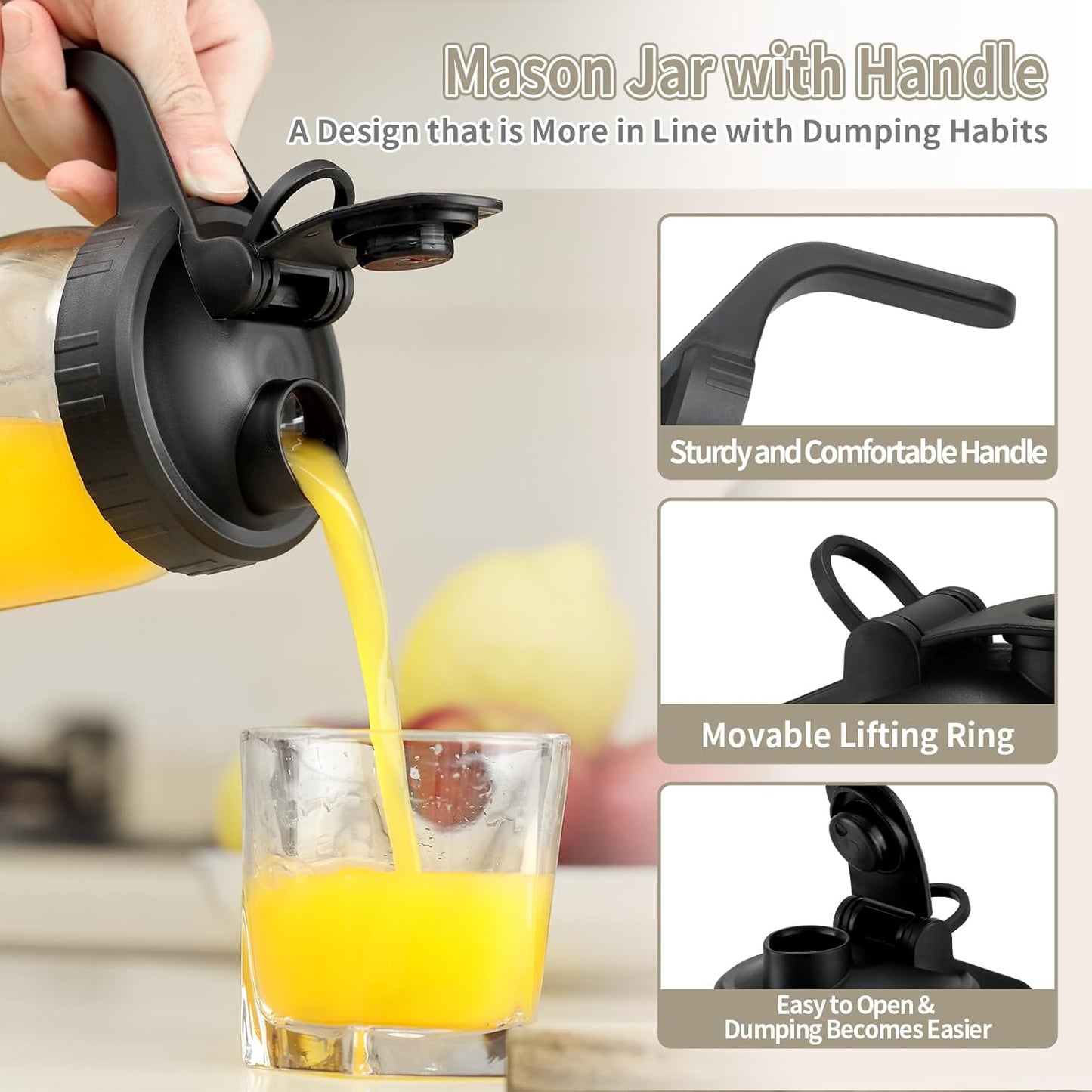 6 Pack Black Wide Mouth Mason Jar Lids with Handle - Plastic Pour Spout & Flip Cap, Leak-proof Airtight Seal - Reusable Canning Lids