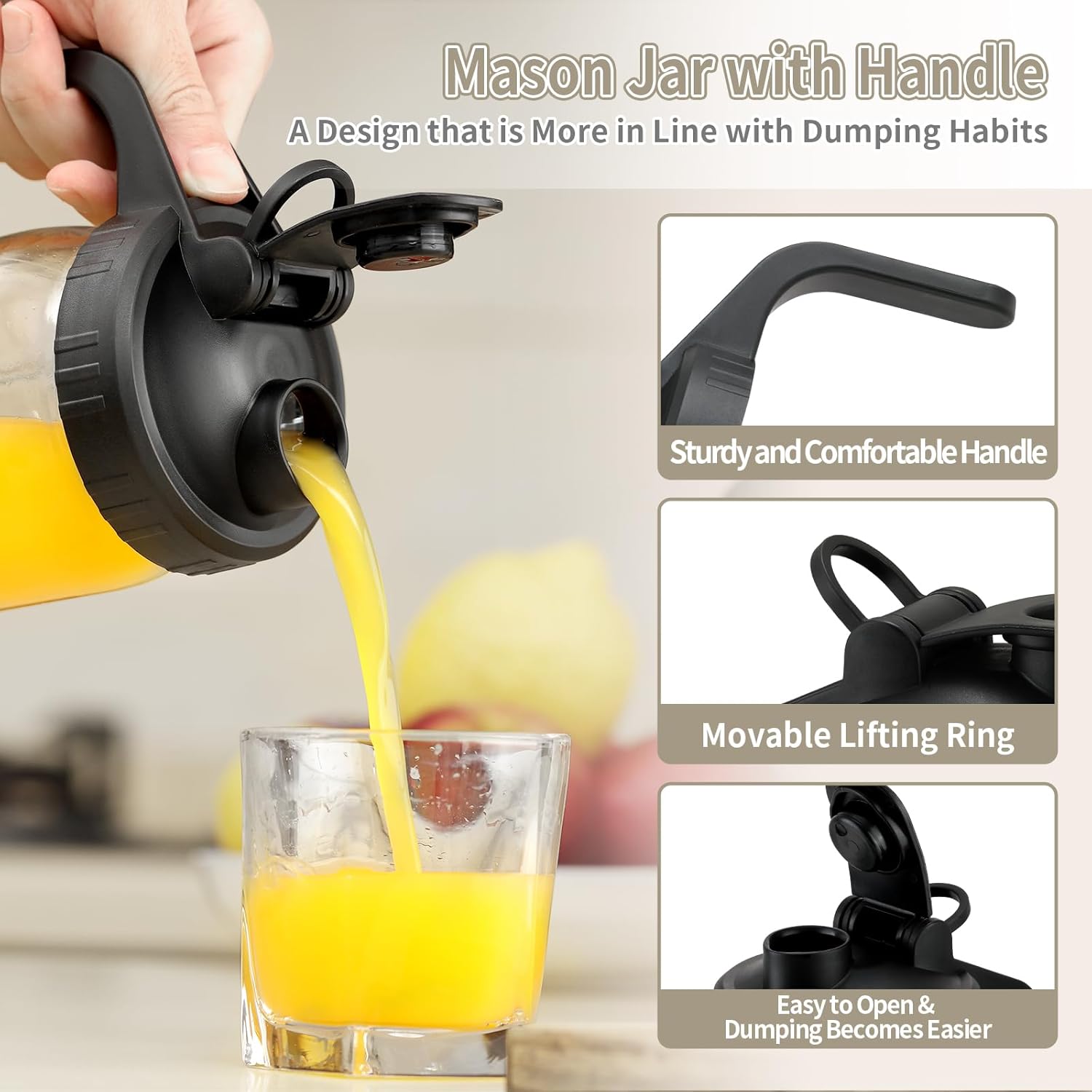 6 Pack Black Wide Mouth Mason Jar Lids with Handle - Plastic Pour Spout & Flip Cap, Leak-proof Airtight Seal - Reusable Canning Lids