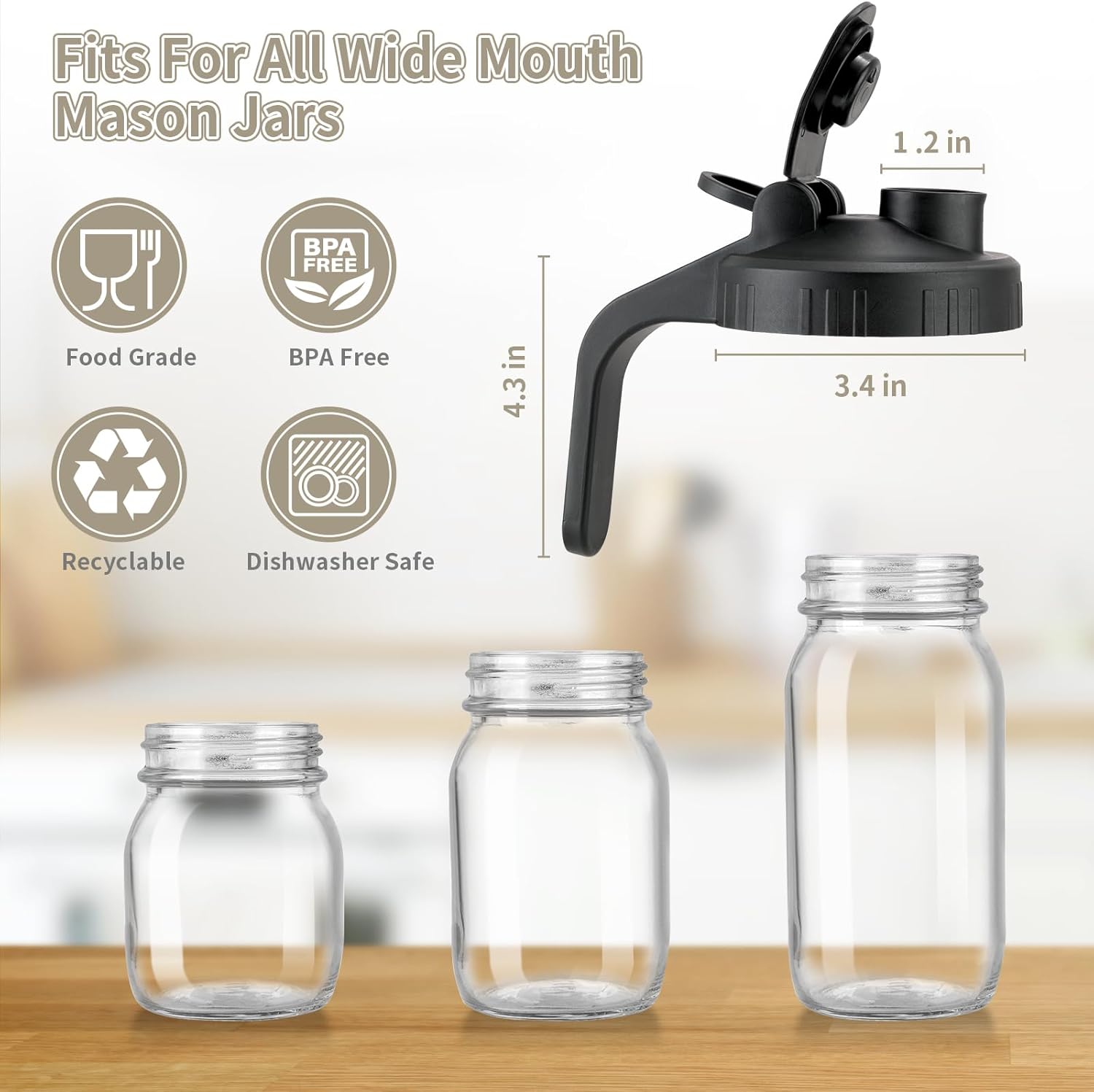 6 Pack Black Wide Mouth Mason Jar Lids with Handle - Plastic Pour Spout & Flip Cap, Leak-proof Airtight Seal - Reusable Canning Lids
