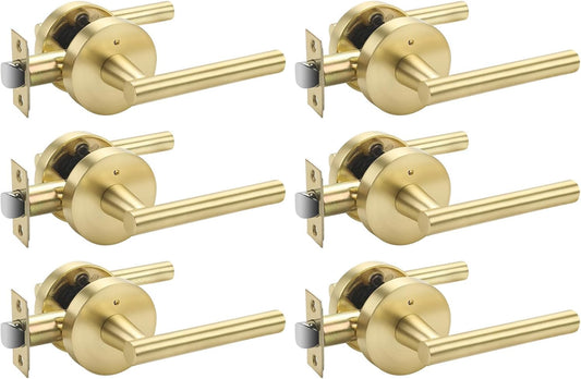 6 Pack Brushed Gold Interior Door Handles - Modern Heavy Duty Bathroom/Bedroom Privacy Lever Set