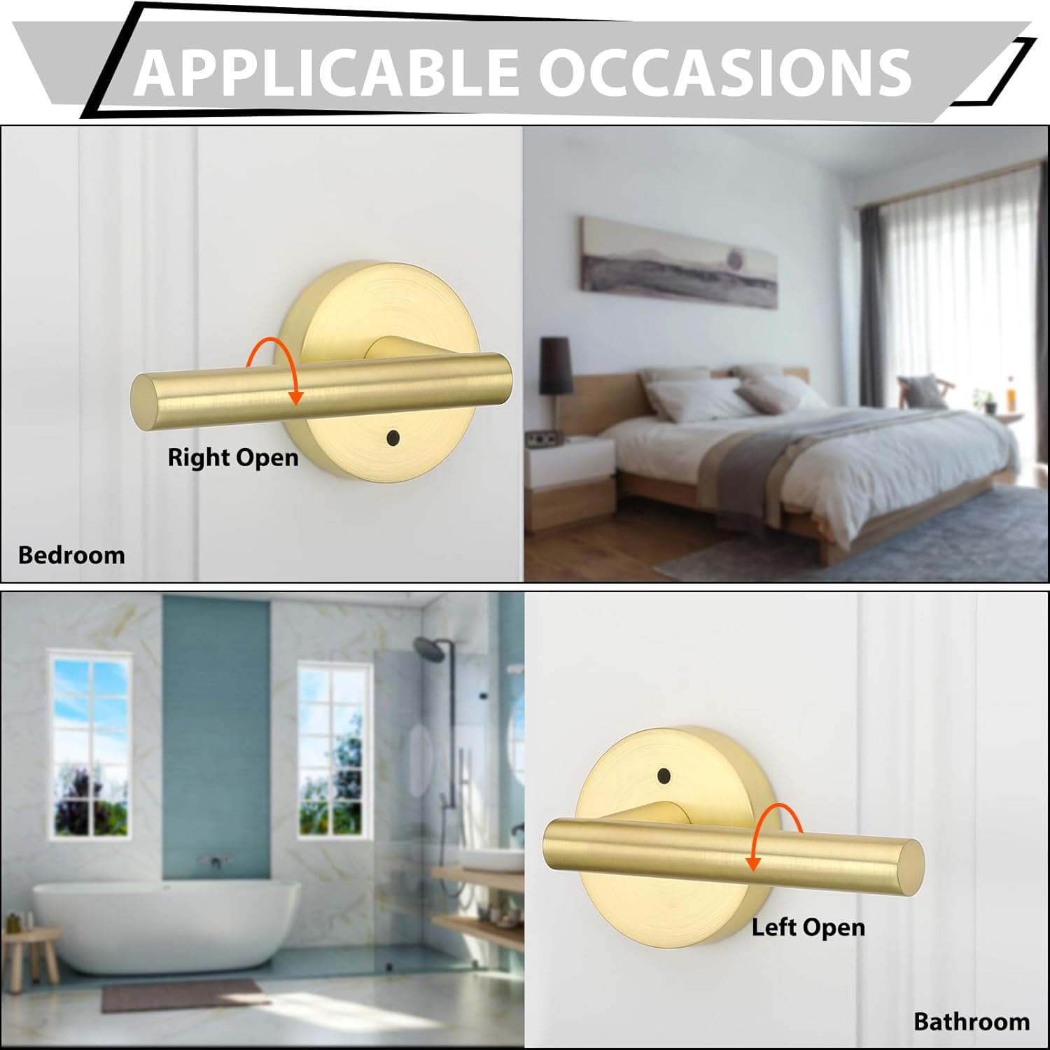 6 Pack Brushed Gold Interior Door Handles - Modern Heavy Duty Bathroom/Bedroom Privacy Lever Set