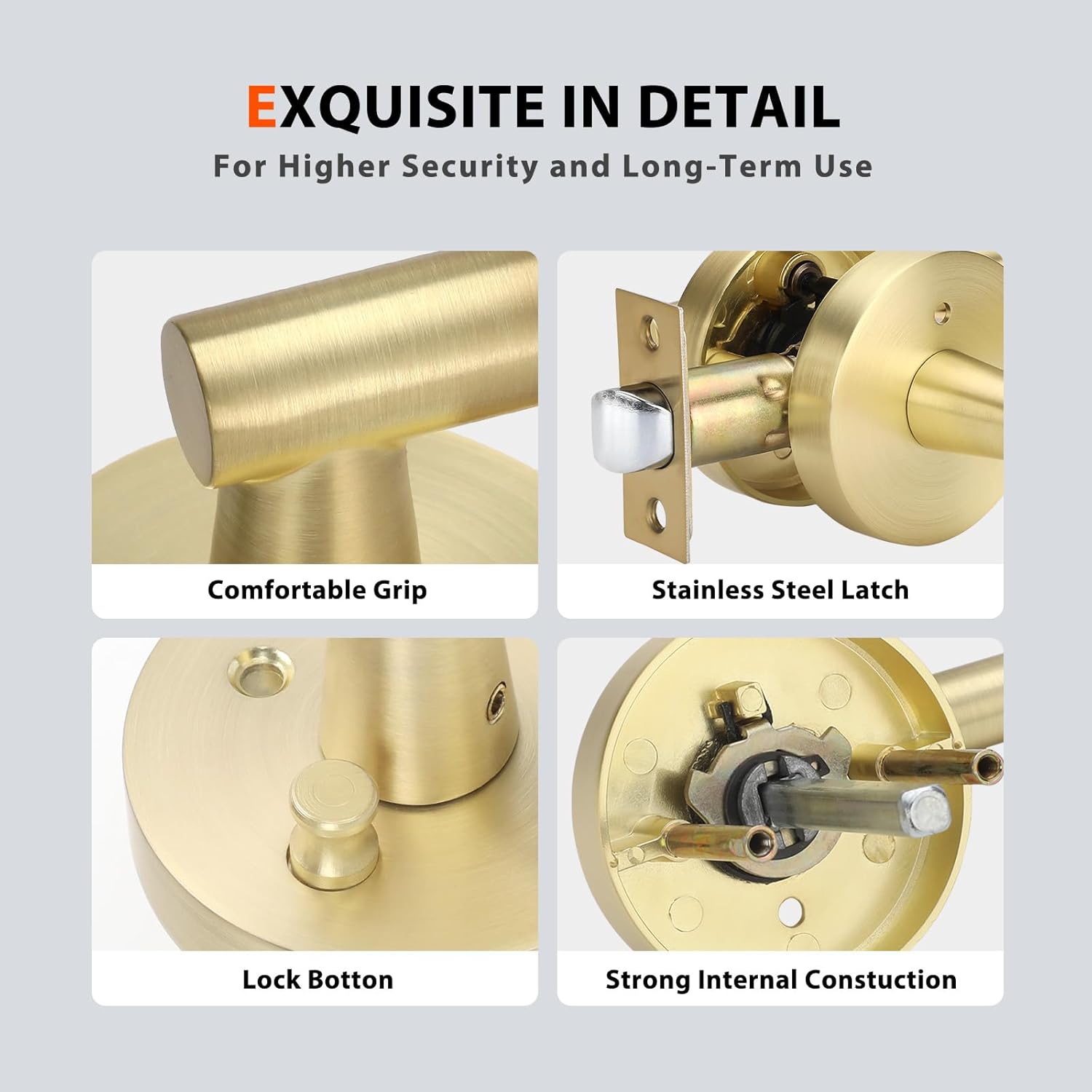 6 Pack Brushed Gold Interior Door Handles - Modern Heavy Duty Bathroom/Bedroom Privacy Lever Set