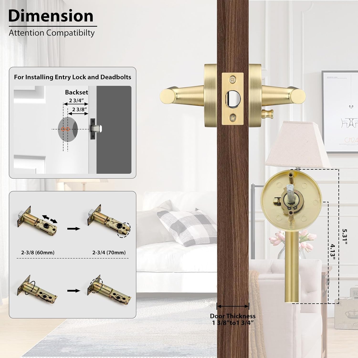 6 Pack Brushed Gold Interior Door Handles - Modern Heavy Duty Bathroom/Bedroom Privacy Lever Set