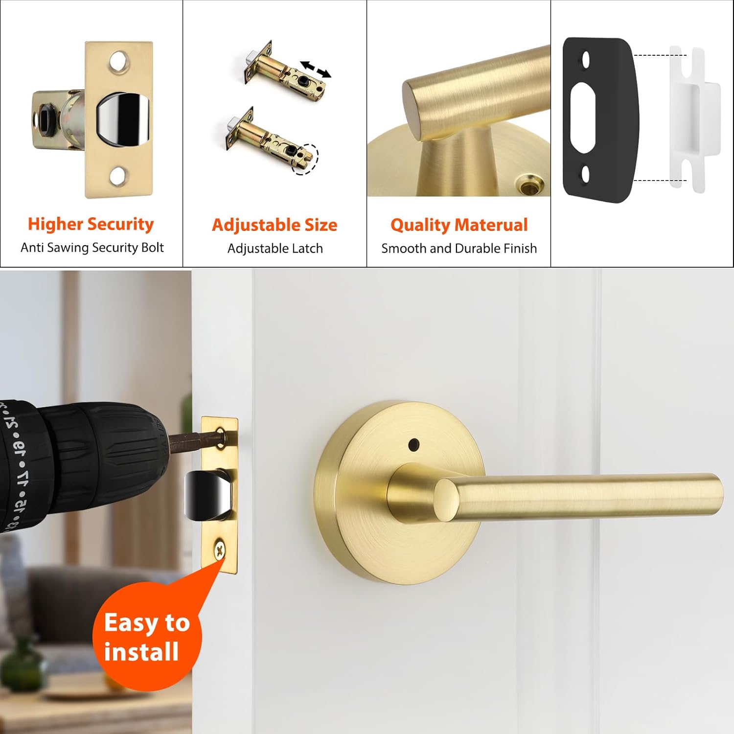 6 Pack Brushed Gold Interior Door Handles - Modern Heavy Duty Bathroom/Bedroom Privacy Lever Set