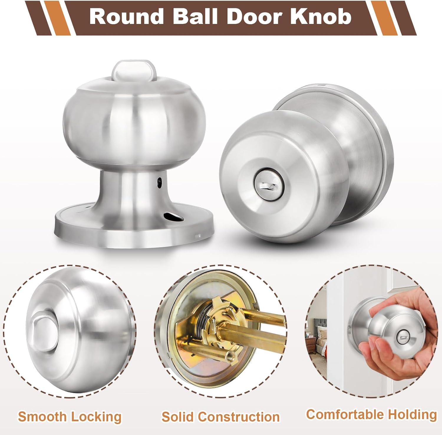 6-Pack Brushed Nickel Privacy Door Knobs with Lock for Bathroom and Bedroom