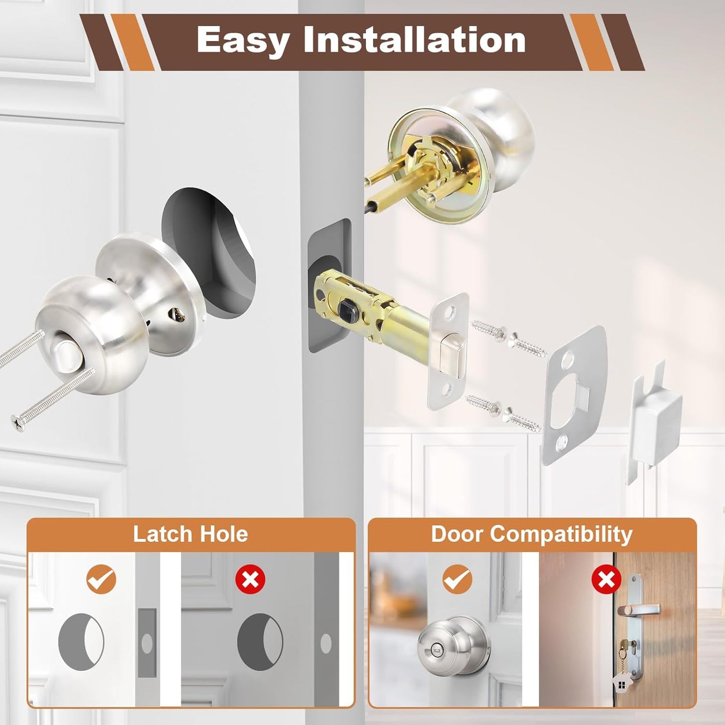 6-Pack Brushed Nickel Privacy Door Knobs with Lock for Bathroom and Bedroom