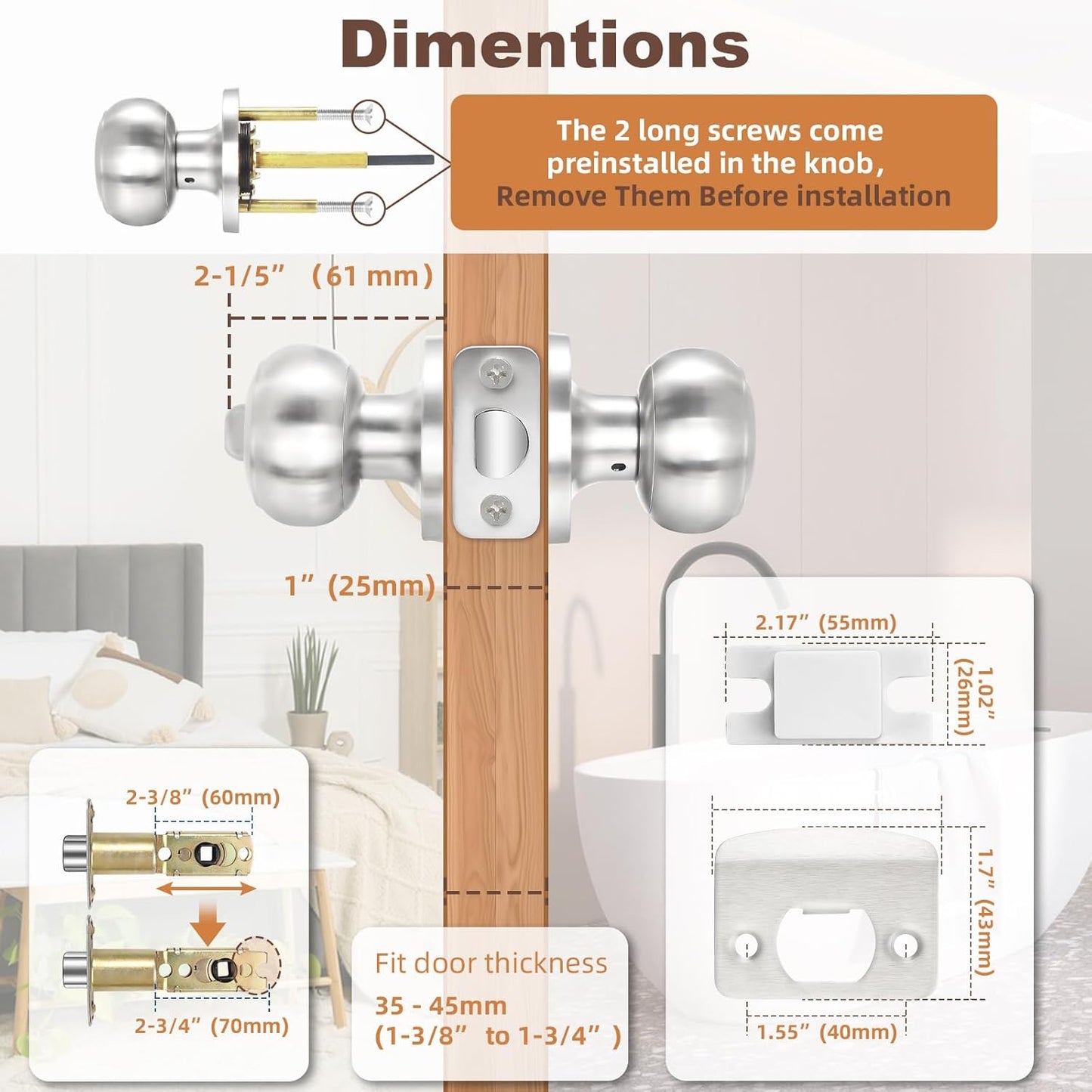 6-Pack Brushed Nickel Privacy Door Knobs with Lock for Bathroom and Bedroom