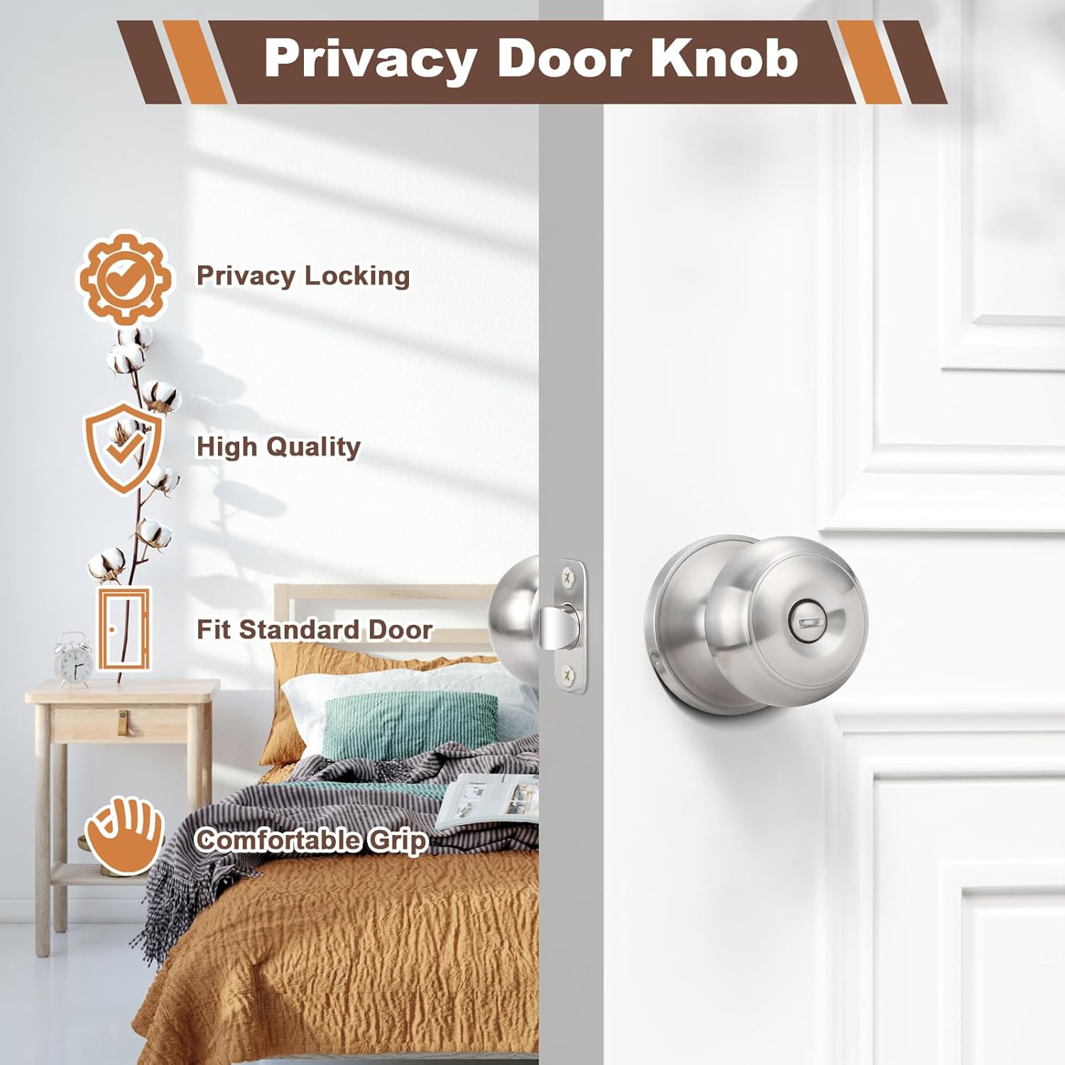 6-Pack Brushed Nickel Privacy Door Knobs with Lock for Bathroom and Bedroom