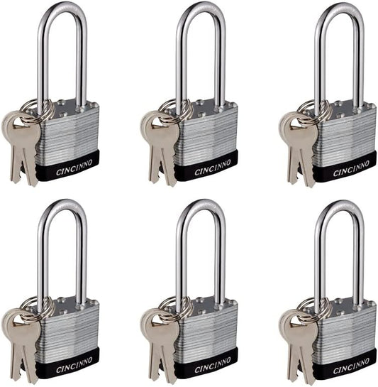 6 Pack CINCINNO Laminated Steel Padlocks with Keyed Alike System and Long Shackle - WildKart