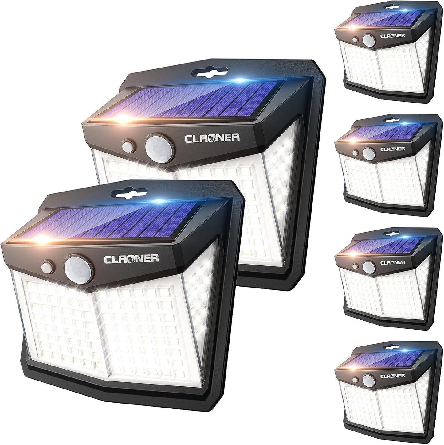 6 Pack CLAONER Solar Motion Sensor Lights - 128 LED Outdoor Security Lights with 270° Wide Angle, 3 Modes, IP65 Waterproof for Fence Patio - Cold White