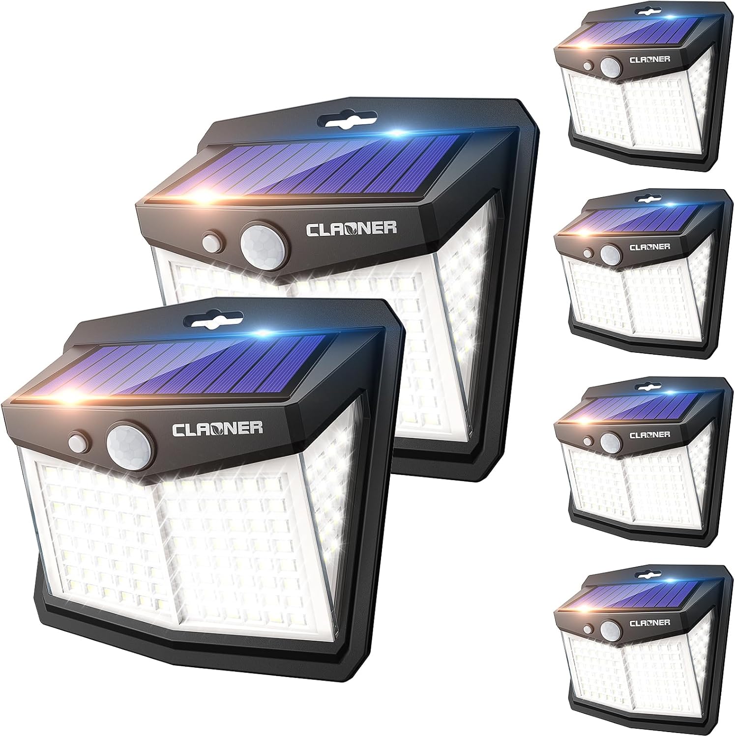 6 Pack CLAONER Solar Motion Sensor Lights - 128 LED Outdoor Security Lights with 270° Wide Angle, 3 Modes, IP65 Waterproof for Fence Patio - Cold White