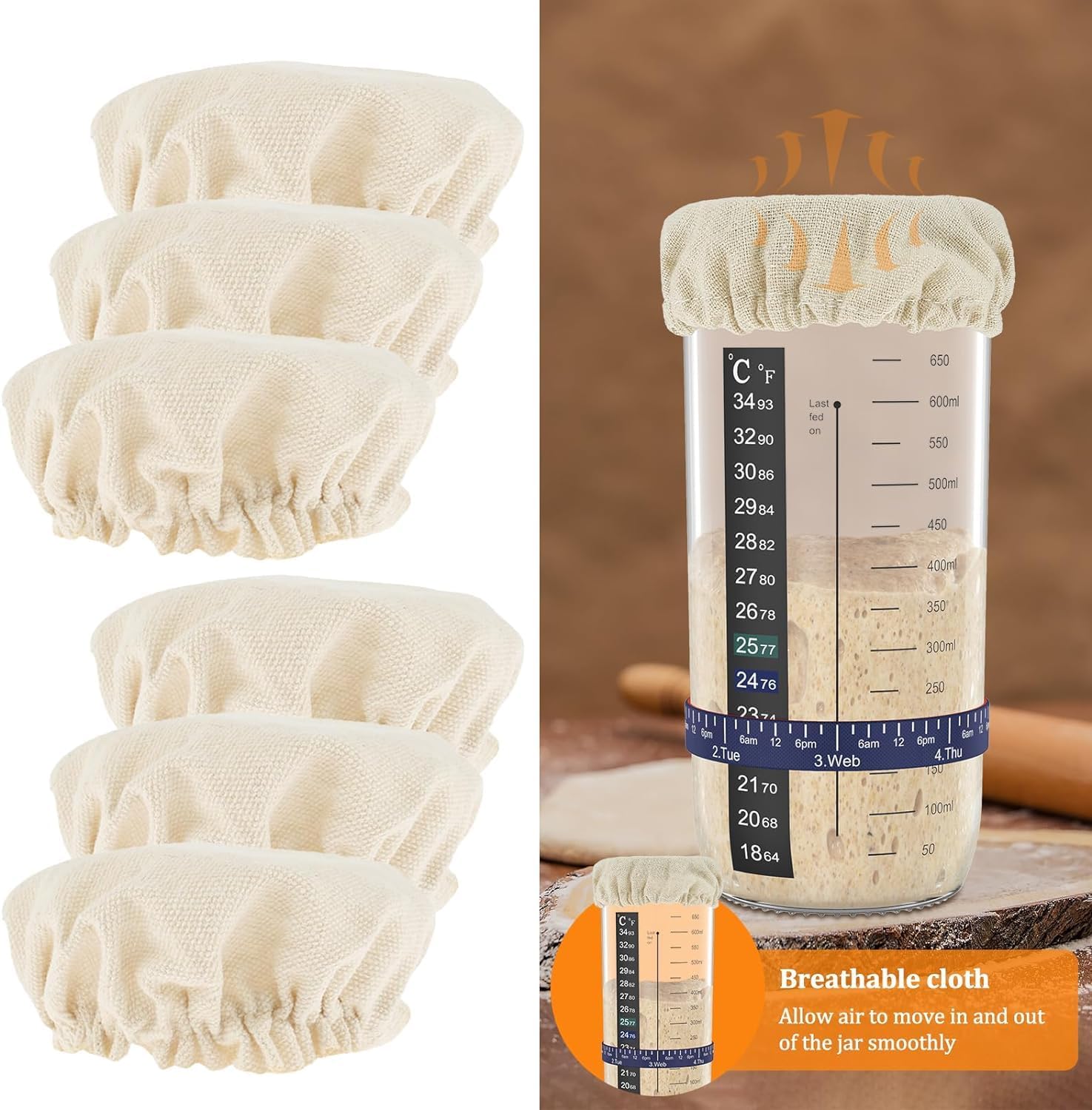 6 Pack Cotton Linen Sourdough Starter Jar Covers - Elastic Cloth Covers for 3-4 inch Jars - Bread Fermentation Cover Kit with Replacement Covers for Canning Lids