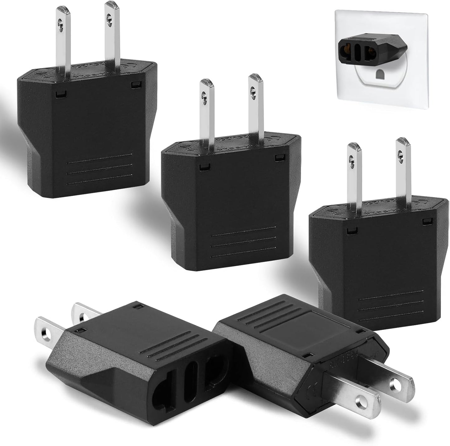 6-Pack European to US Plug Adapter - Compact Travel Adapter for European to American Outlets - Black European Plug Converter for USA Power