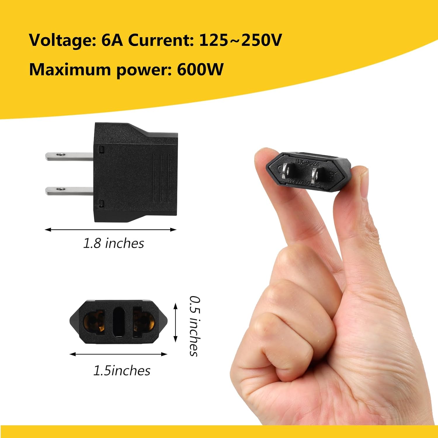 6-Pack European to US Plug Adapter - Compact Travel Adapter for European to American Outlets - Black European Plug Converter for USA Power