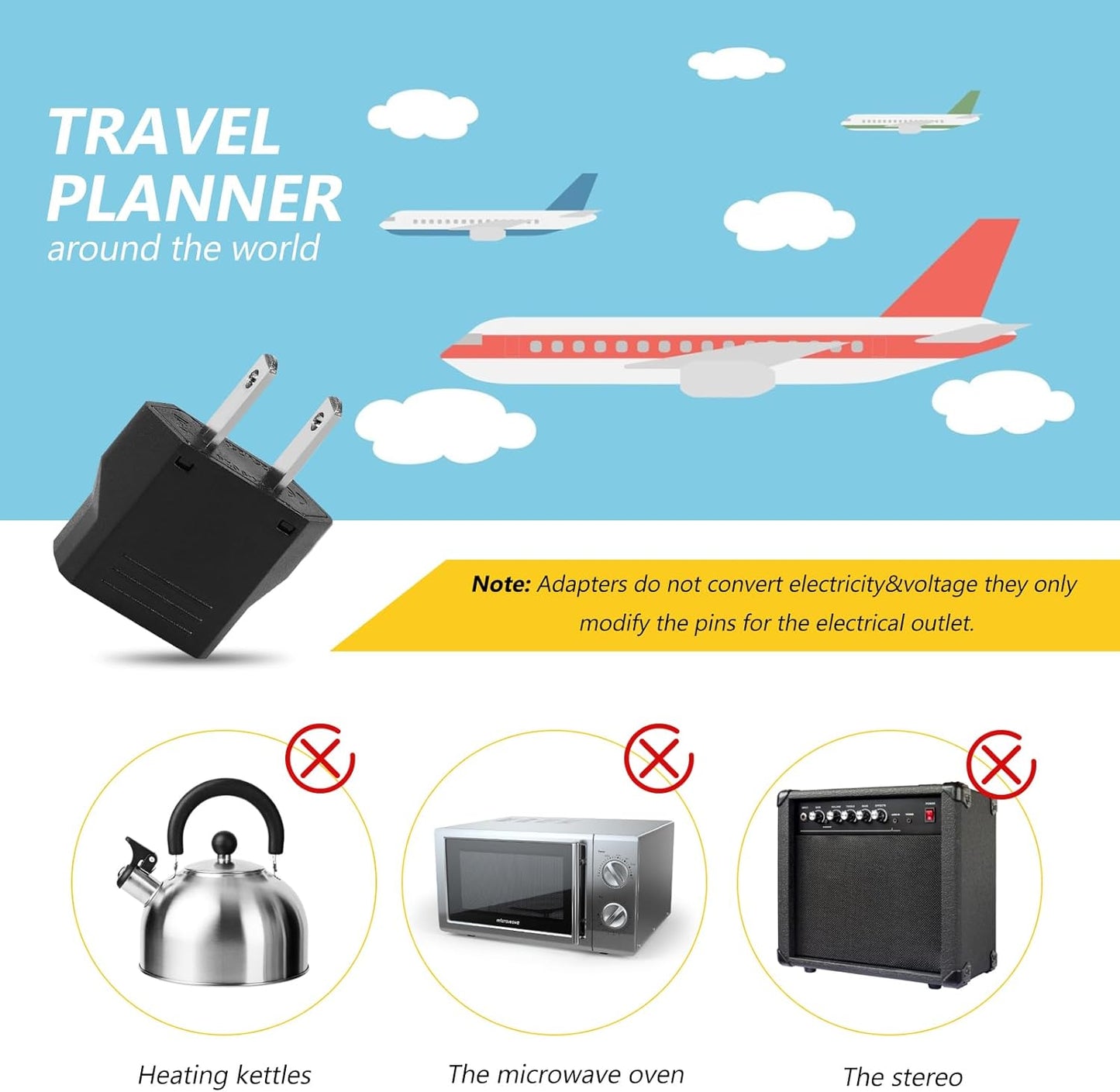 6-Pack European to US Plug Adapter - Compact Travel Adapter for European to American Outlets - Black European Plug Converter for USA Power