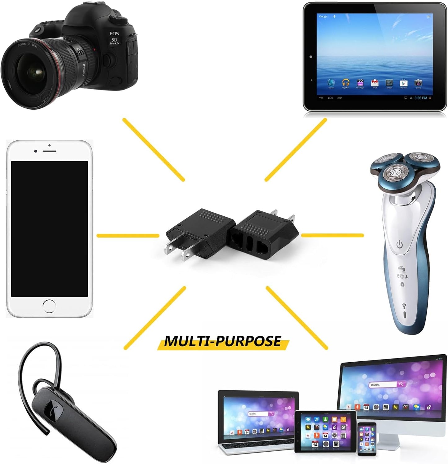 6-Pack European to US Plug Adapter - Compact Travel Adapter for European to American Outlets - Black European Plug Converter for USA Power