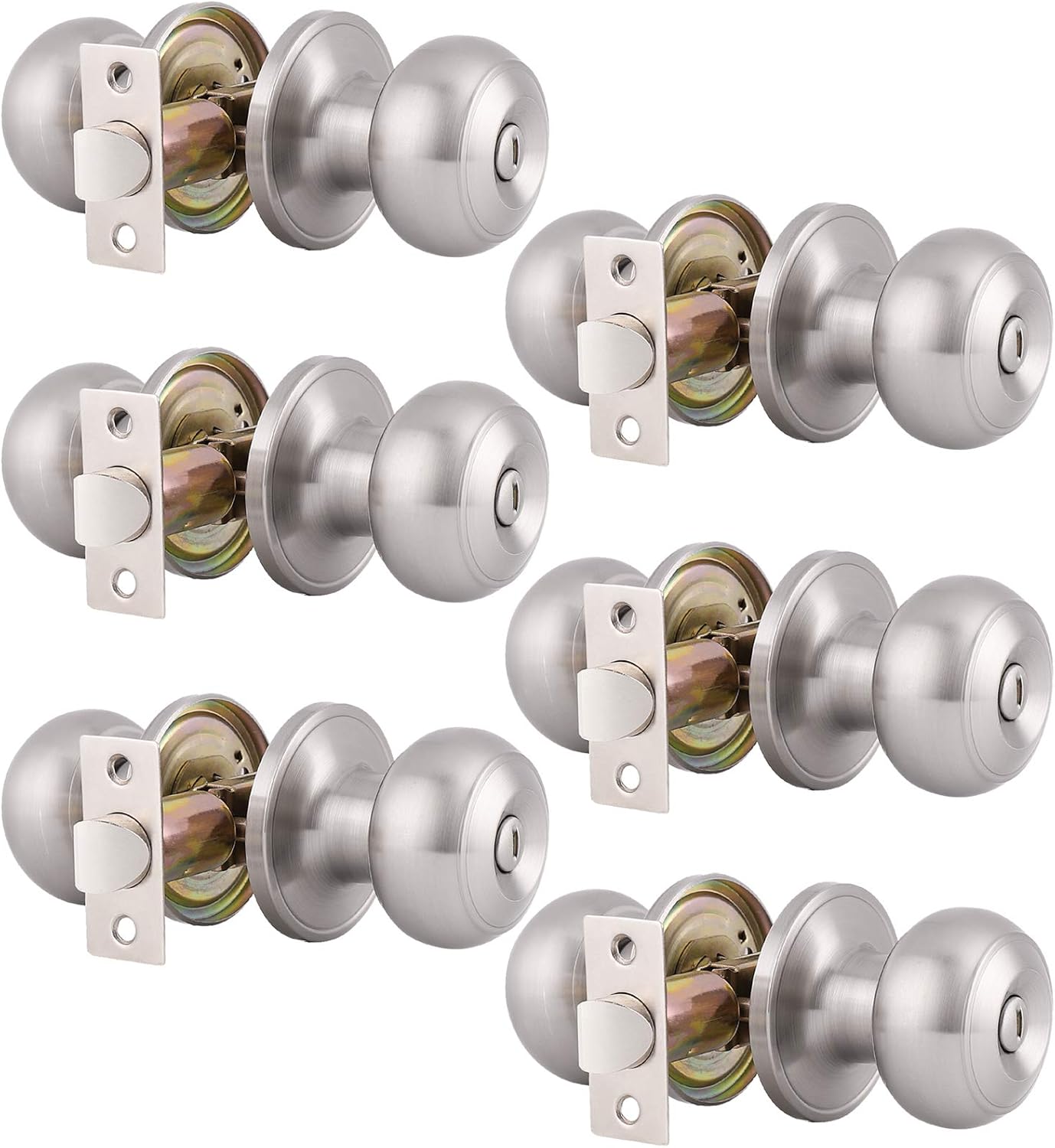 6 Pack Gobrico Round Privacy Knobs Locksets, Satin Nickel Finished Bedroom Bathroom Door Handles - Stainless Steel Bulk Pack
