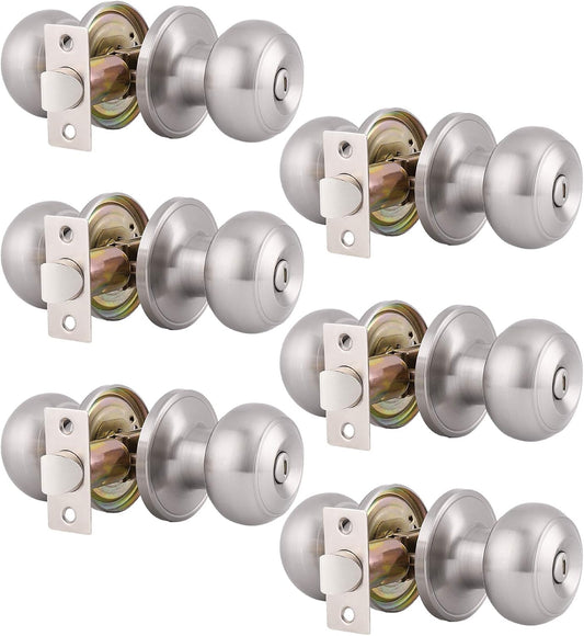 6 Pack Gobrico Round Privacy Knobs Locksets, Satin Nickel Finished Bedroom Bathroom Door Handles - Stainless Steel Bulk Pack