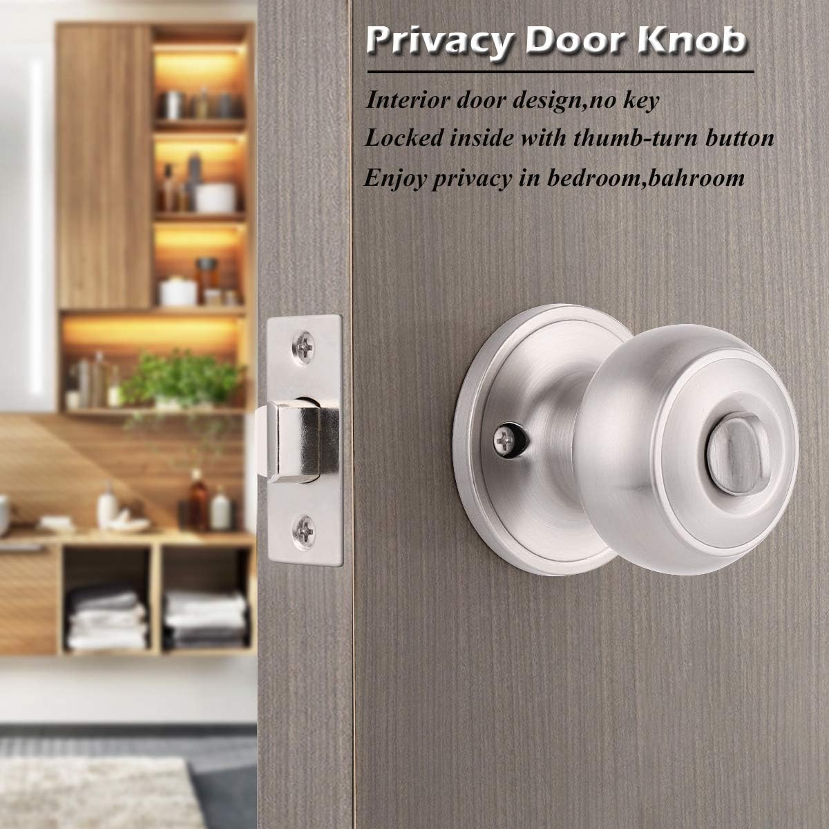 6 Pack Gobrico Round Privacy Knobs Locksets, Satin Nickel Finished Bedroom Bathroom Door Handles - Stainless Steel Bulk Pack