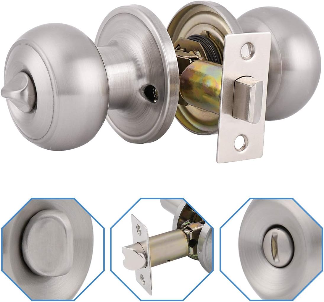6 Pack Gobrico Round Privacy Knobs Locksets, Satin Nickel Finished Bedroom Bathroom Door Handles - Stainless Steel Bulk Pack