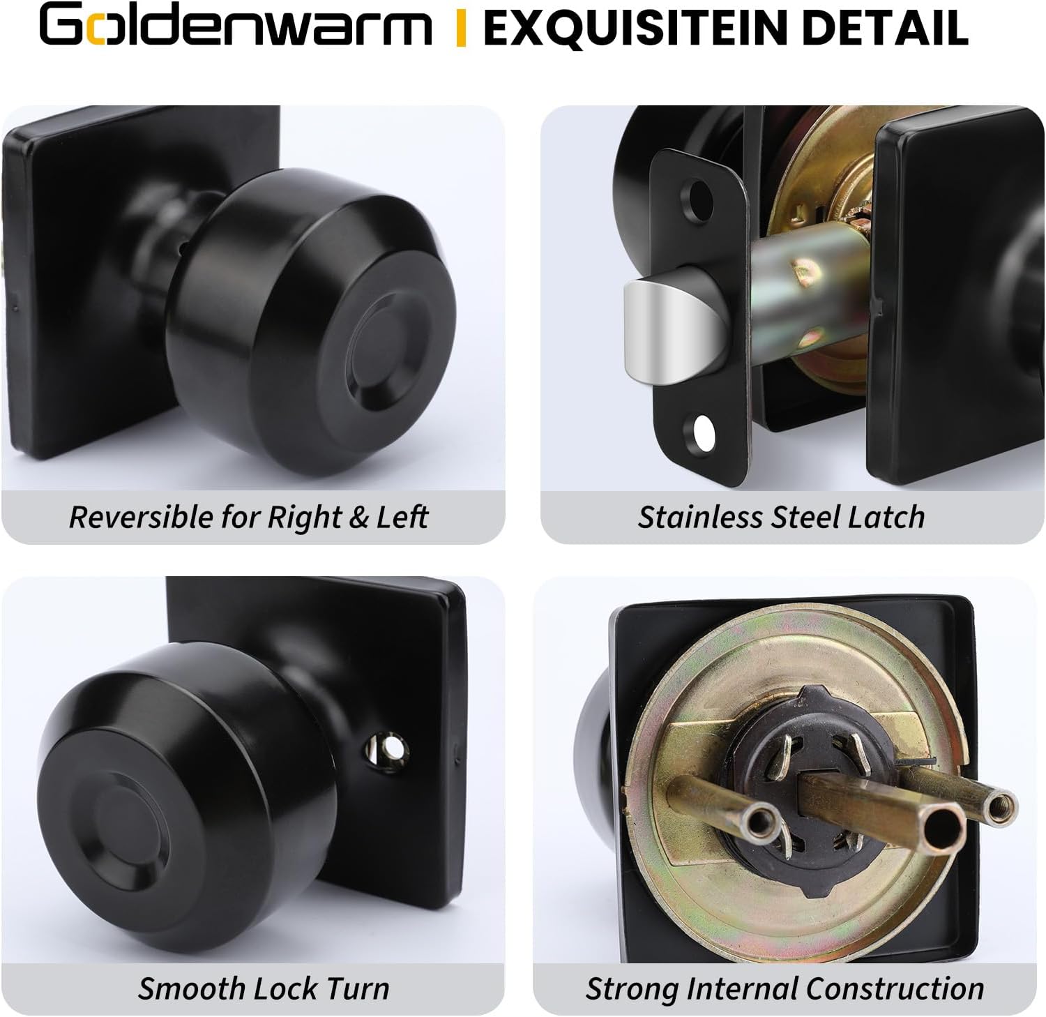 6 Pack Goldenwarm Square Black Passage Closet Door Knobs for Hall and Closet - Matt Black Interior Doorknobs