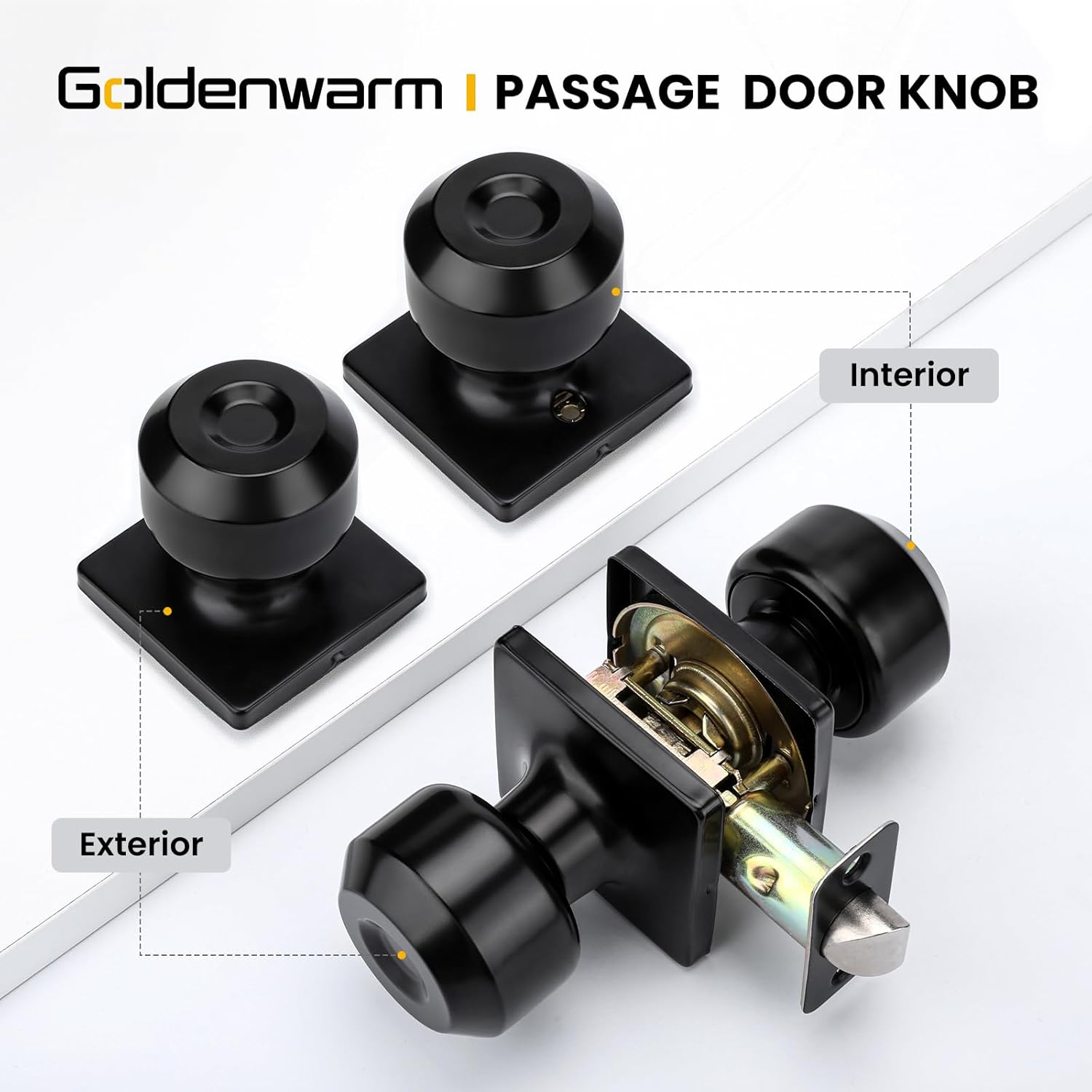 6 Pack Goldenwarm Square Black Passage Closet Door Knobs for Hall and Closet - Matt Black Interior Doorknobs