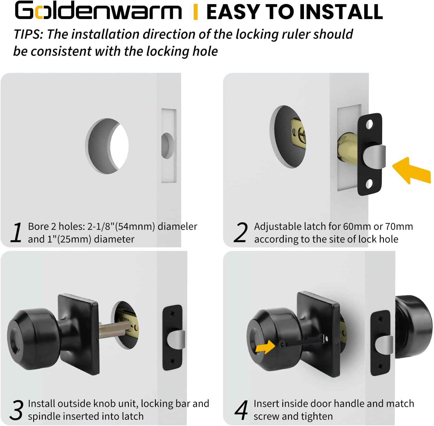 6 Pack Goldenwarm Square Black Passage Closet Door Knobs for Hall and Closet - Matt Black Interior Doorknobs