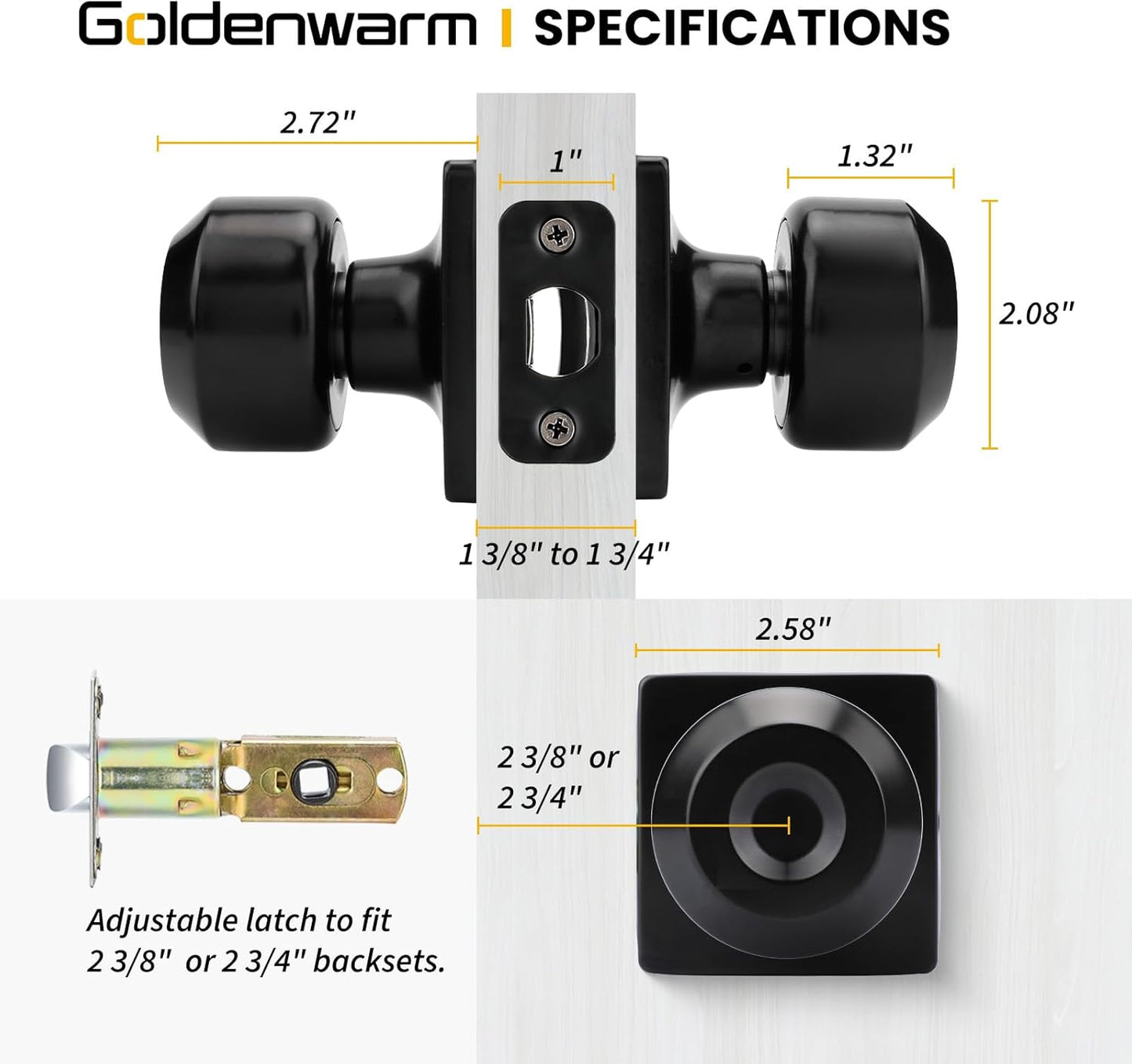 6 Pack Goldenwarm Square Black Passage Closet Door Knobs for Hall and Closet - Matt Black Interior Doorknobs