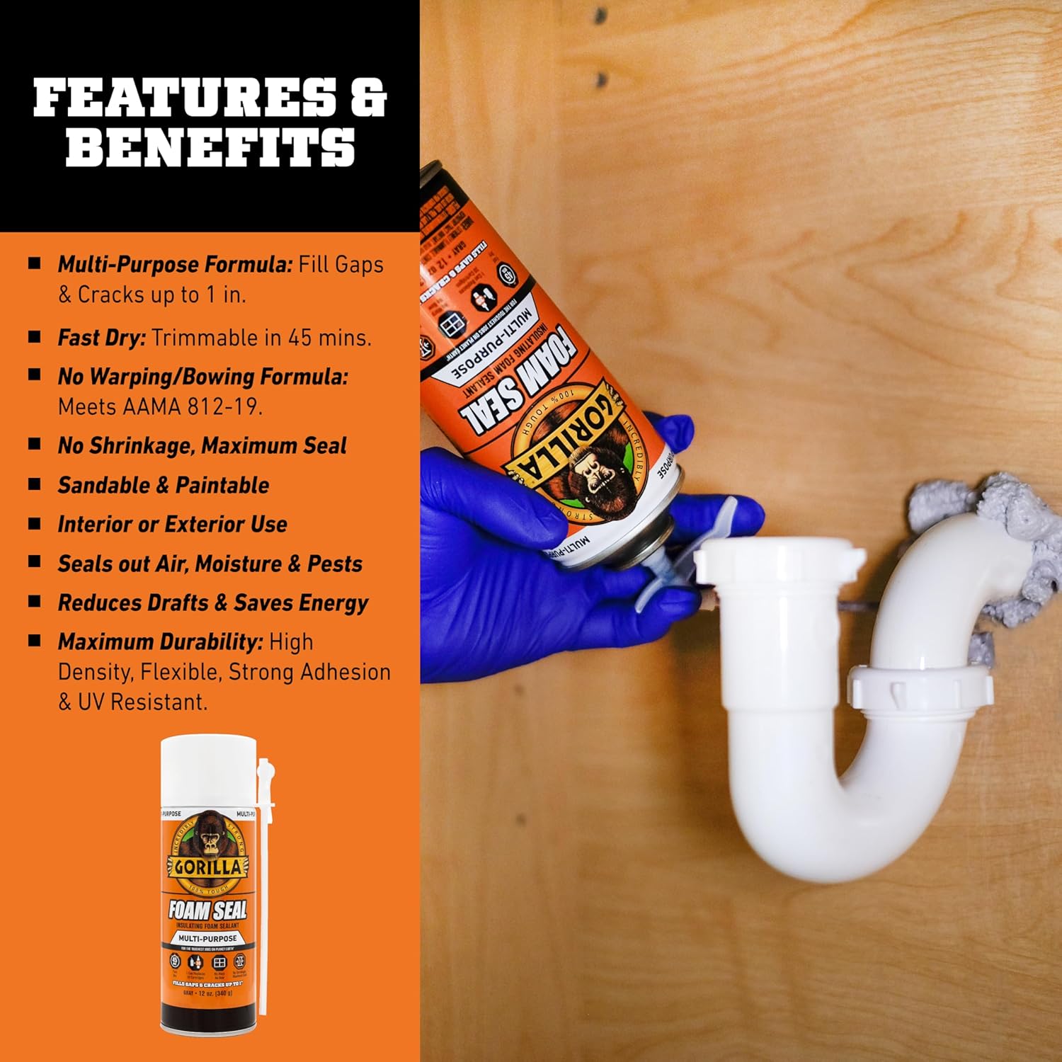 6-Pack Gorilla Polyurethane Expanding Foam Sealant - 12oz Insulating Spray Foam for Gaps & Cracks, Multi-Purpose Light Gray Insulation