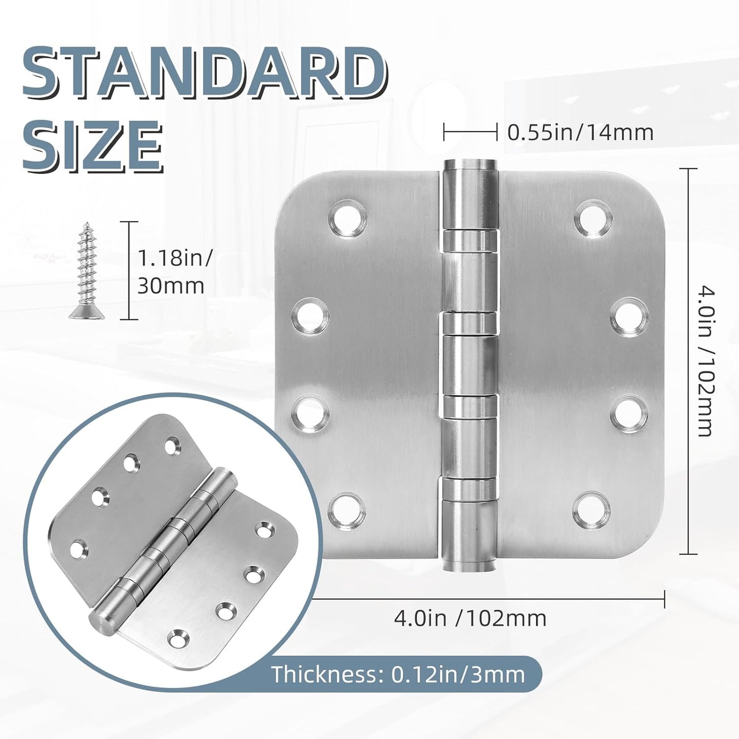 6 Pack Heavy-Duty Stainless Steel Door Hinges for Exterior & Interior Doors, 4.0 x 4.0 Inch with Ball Bearings