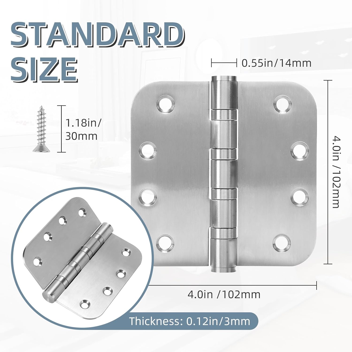 6 Pack Heavy-Duty Stainless Steel Door Hinges for Exterior & Interior Doors, 4.0 x 4.0 Inch with Ball Bearings
