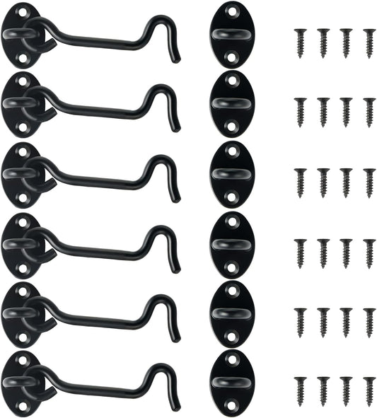 6-Pack Heavy Duty Stainless Steel Hook and Eye Latch for Barn Doors, Bathrooms, Sliding Doors - 4" Black Privacy Hooks with Mounting Screws for Cabins, Sheds, Blinds, Bedrooms