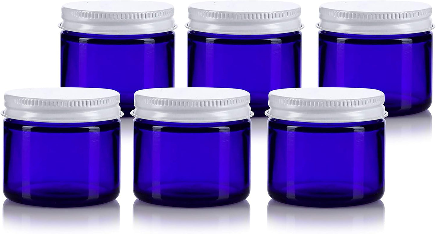 6 Pack JUVITUS Cobalt Blue Thick Glass Jars with White Metal Airtight Lids - 2 oz / 60 ml