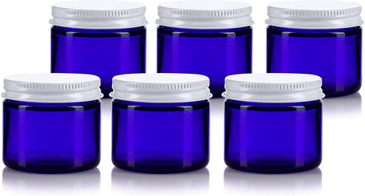 6 Pack JUVITUS Cobalt Blue Thick Glass Jars with White Metal Airtight Lids - 2 oz / 60 ml