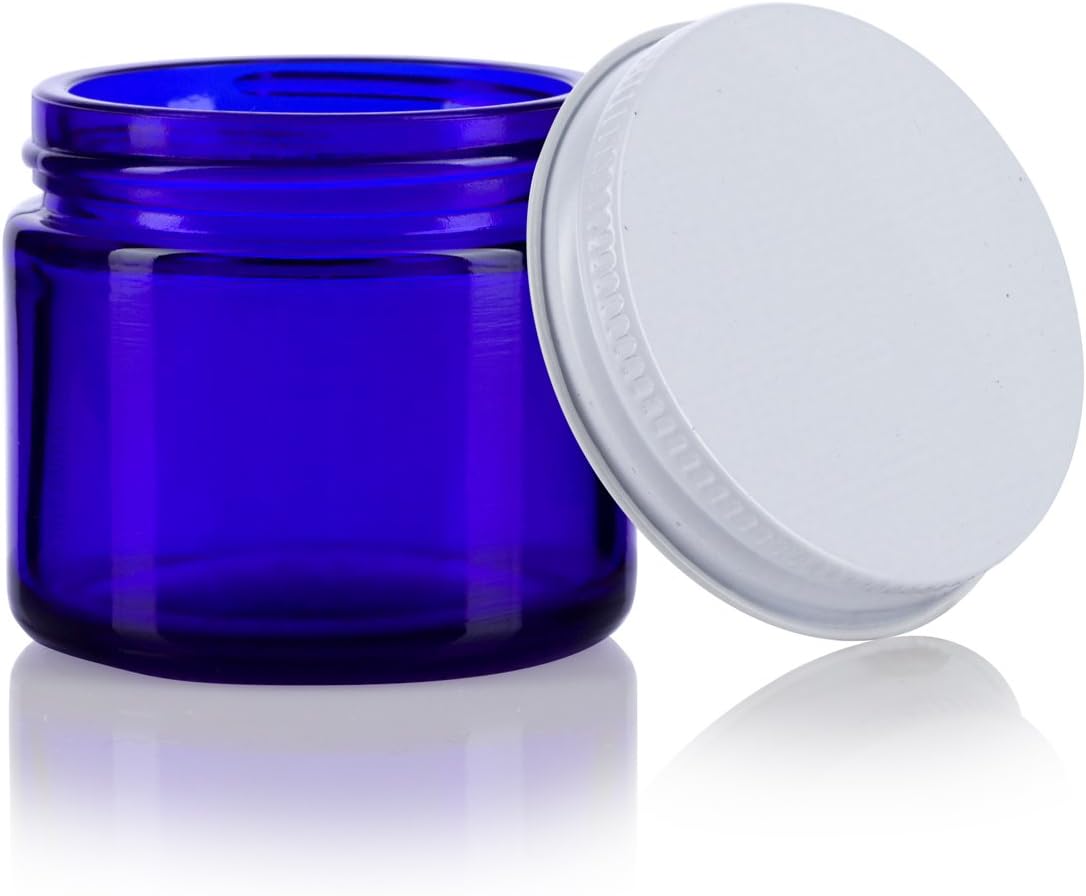 6 Pack JUVITUS Cobalt Blue Thick Glass Jars with White Metal Airtight Lids - 2 oz / 60 ml